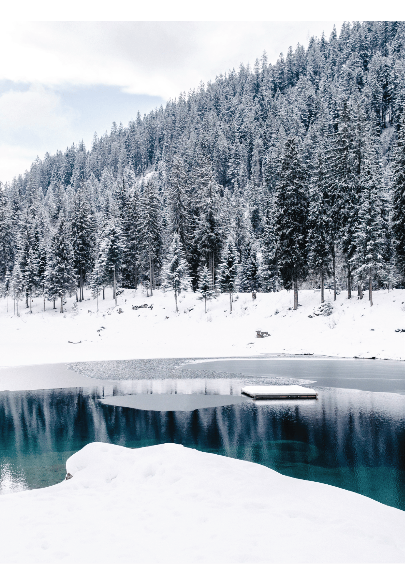 Body of water, Natural landscape, Sky, Plant, Snow, Cloud, Lake, Tree