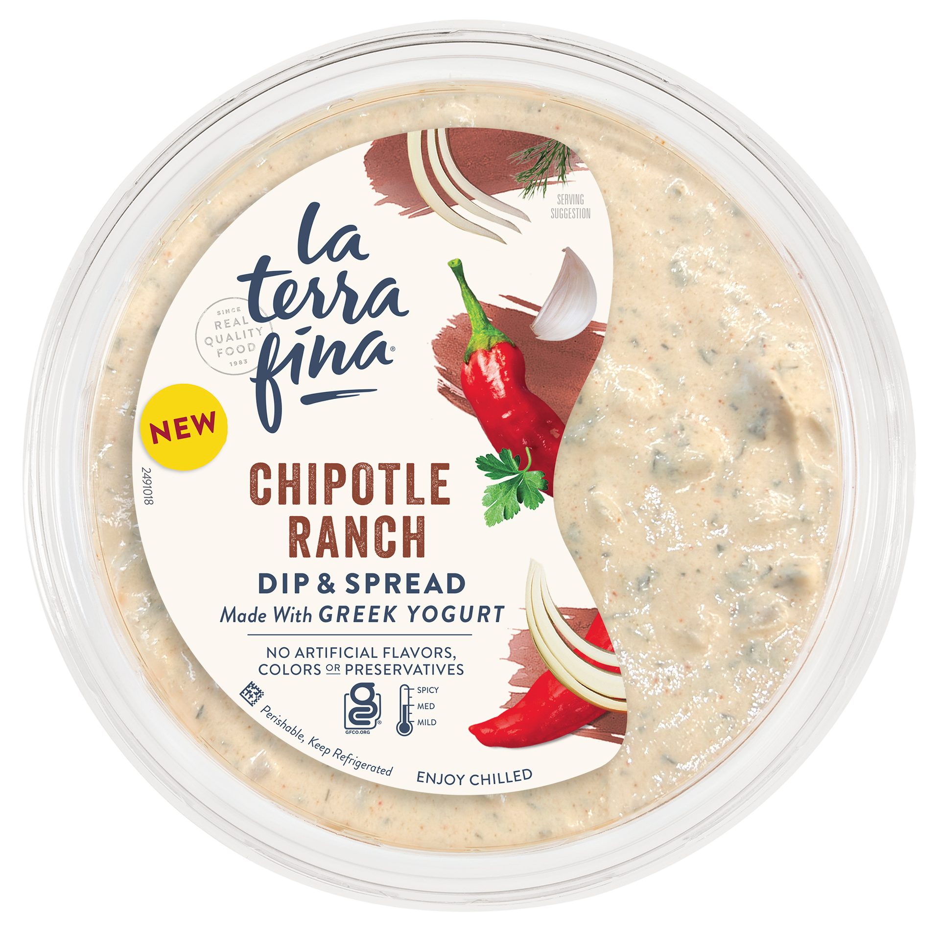 Round container of La Terra Fina Chipotle Ranch Dip & Spread, made with Greek yogurt, showing ingredients.