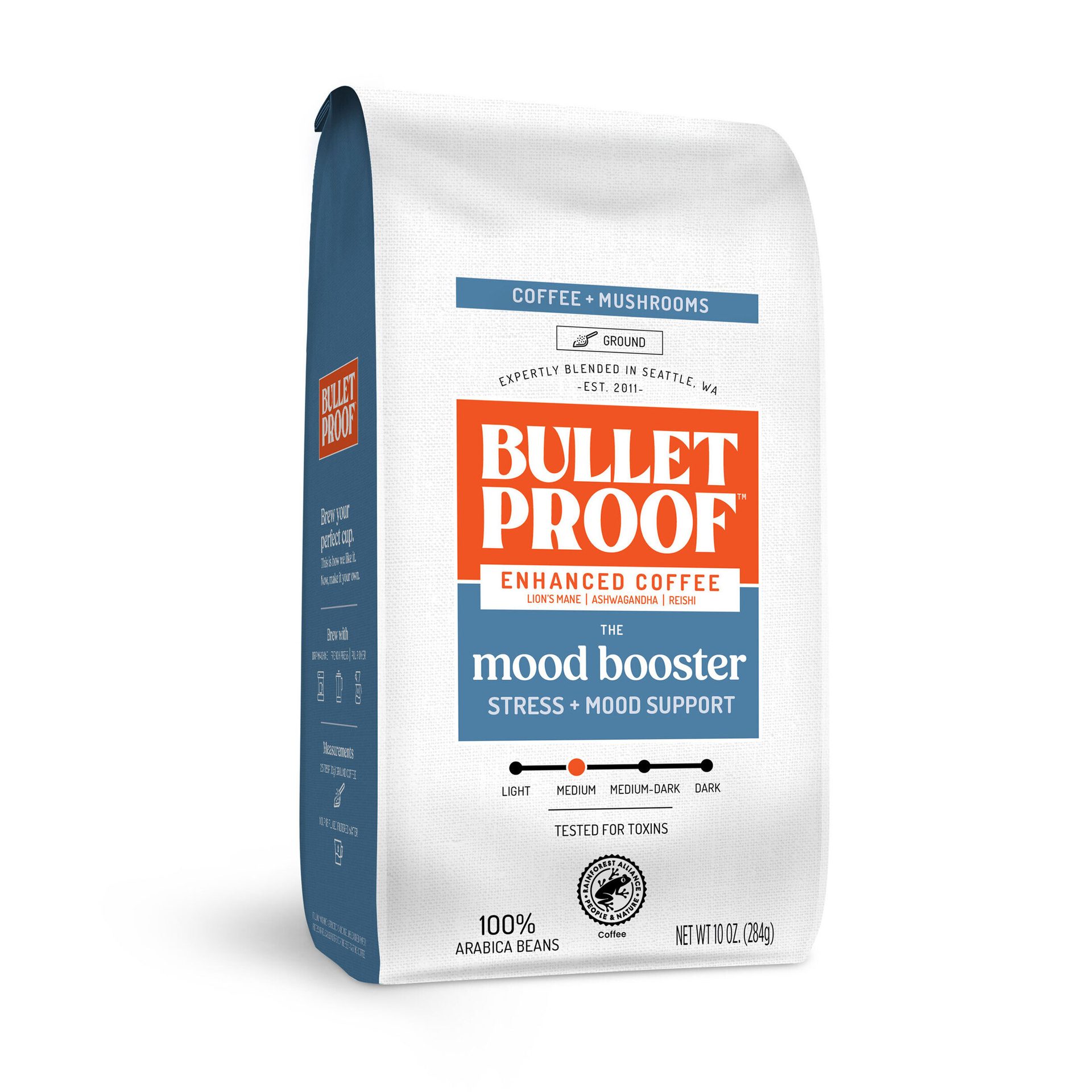 A white and blue bag of Bulletproof 'Mood Booster' coffee with Lion's Mane, Ashwagandha, Reishi.