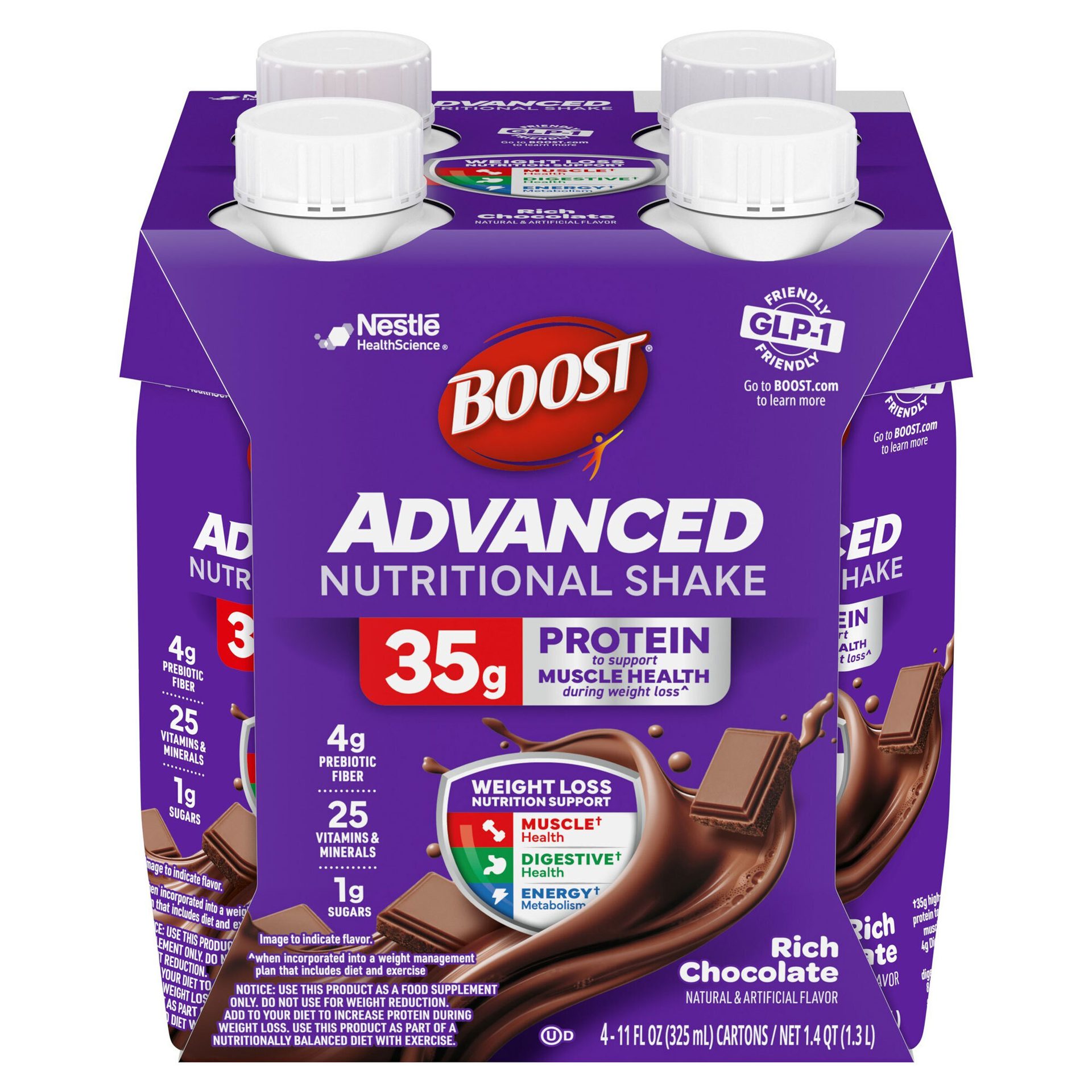 Boost Advanced Rich Chocolate Nutritional Shake 4-pack, 35g protein, GLP-1 friendly.