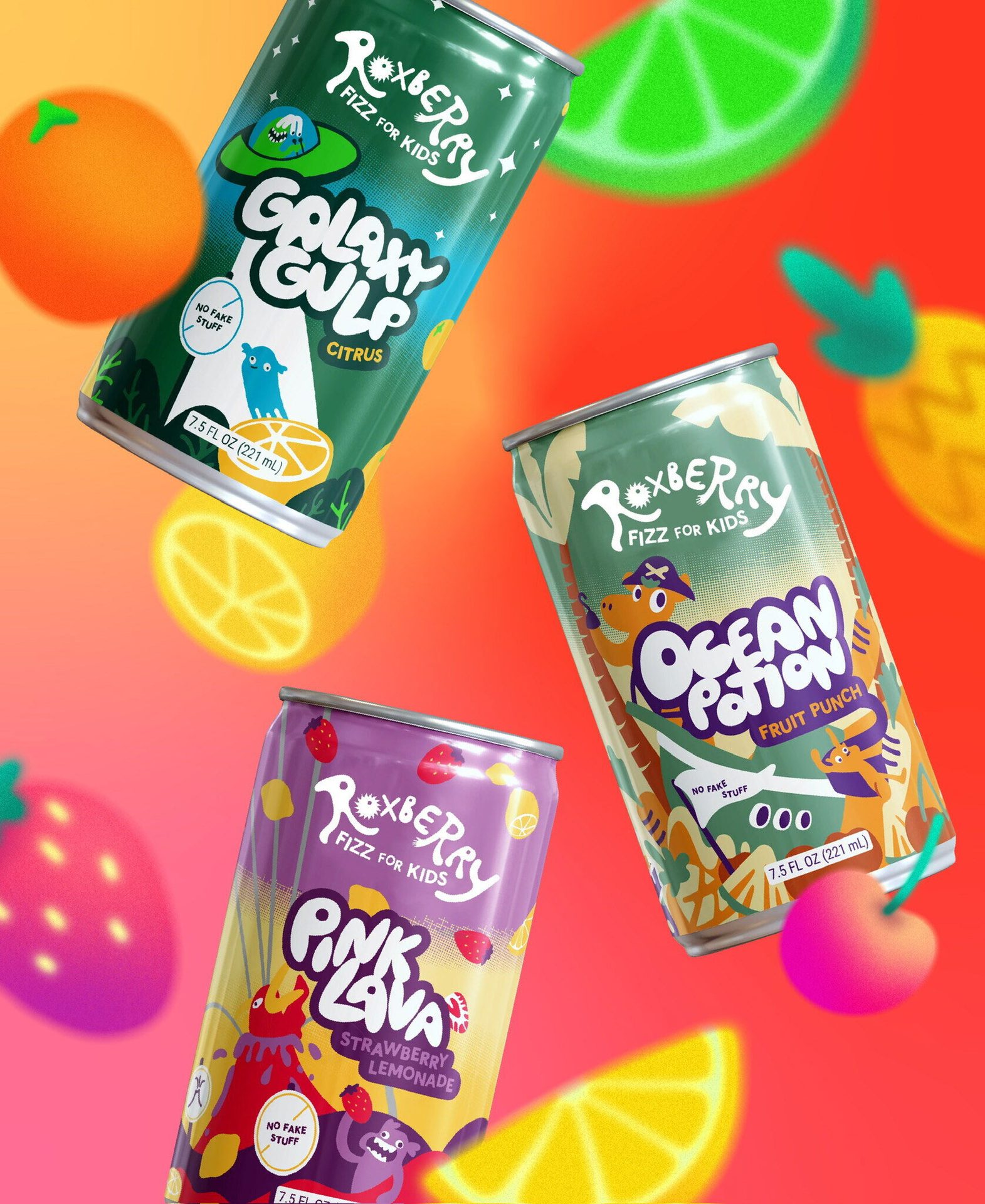 Three colorful Roxberry Fizz for Kids cans (Galaxy Gulp, Ocean Potion, Pink Lava) on a vibrant fruity background.