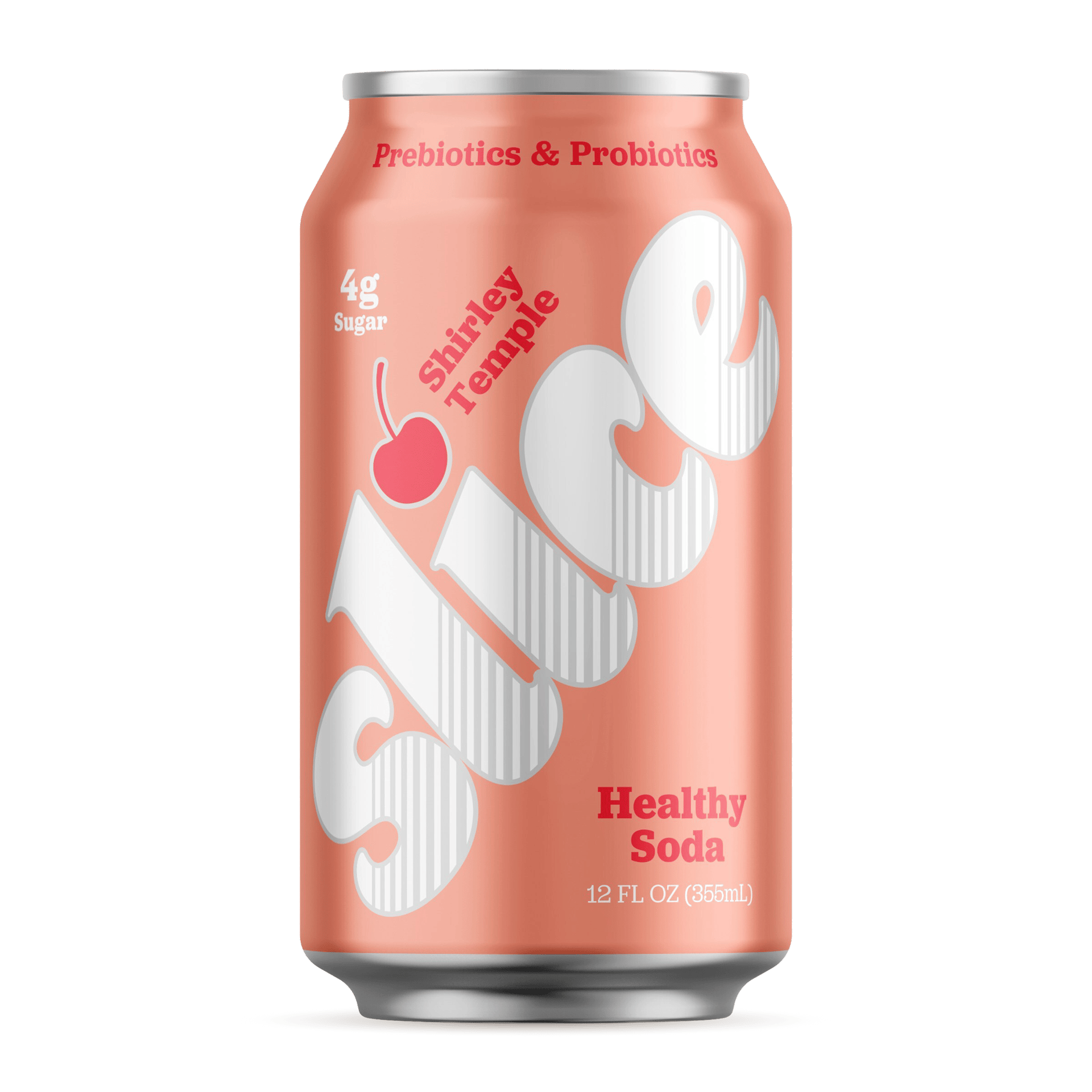 Pink Slice Shirley Temple soda can, 4g sugar, prebiotics & probiotics.