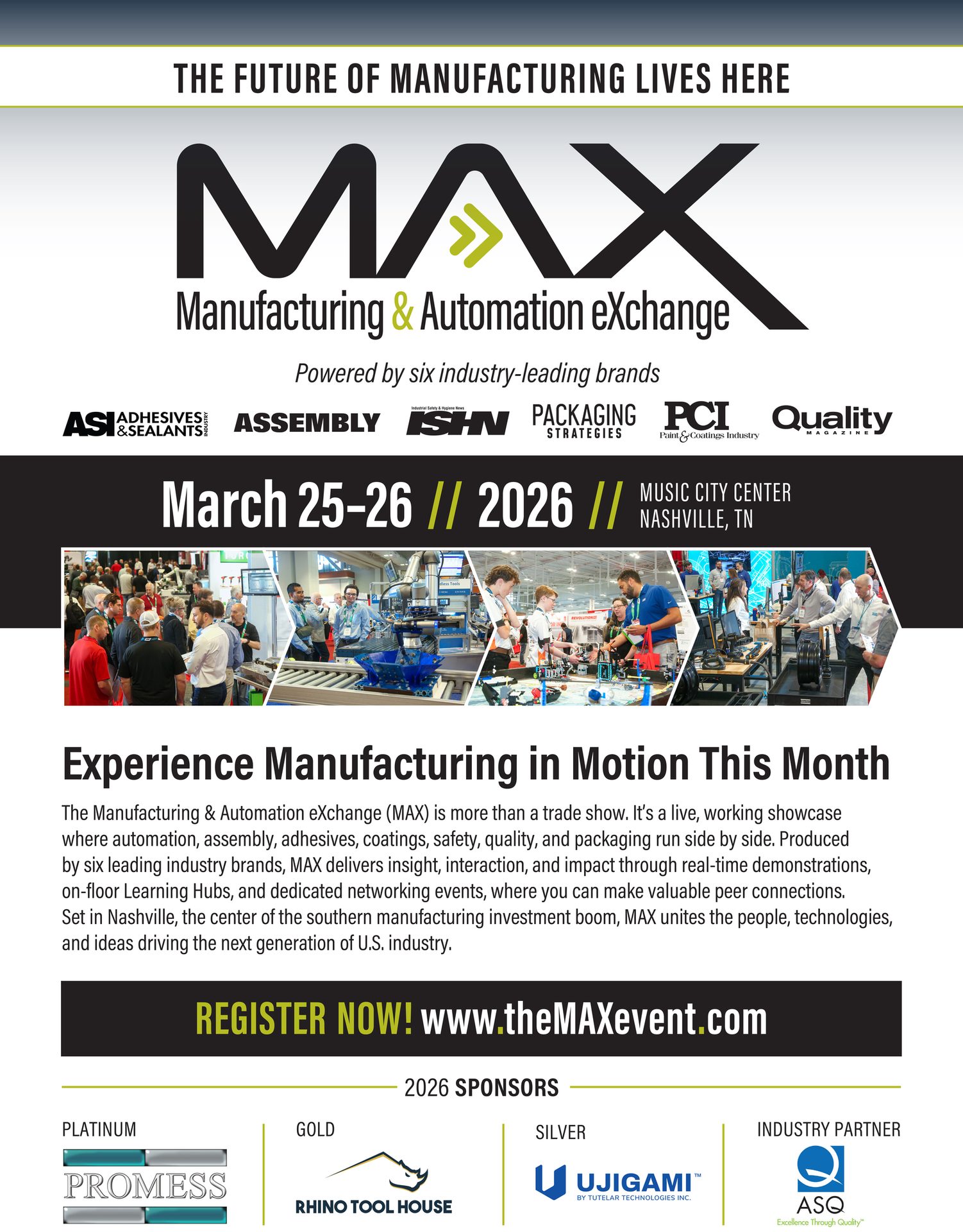 Ad for MAX Manufacturing & Automation Exchange, March 25-26, 2026, in Nashville, TN.
