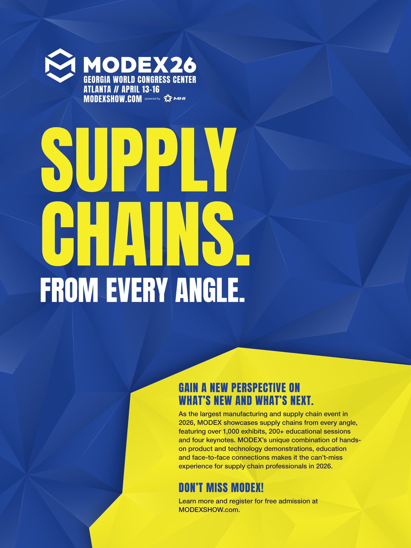 Blue and yellow ad for MODEX26: "SUPPLY CHAINS. FROM EVERY ANGLE." Event details.