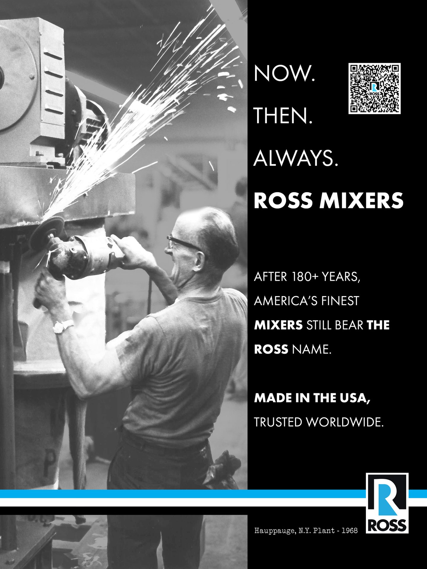 Black and white ad: Man grinds metal, sparks fly. Promotes Ross Mixers, 'Now. Then. Always. Made in USA.'