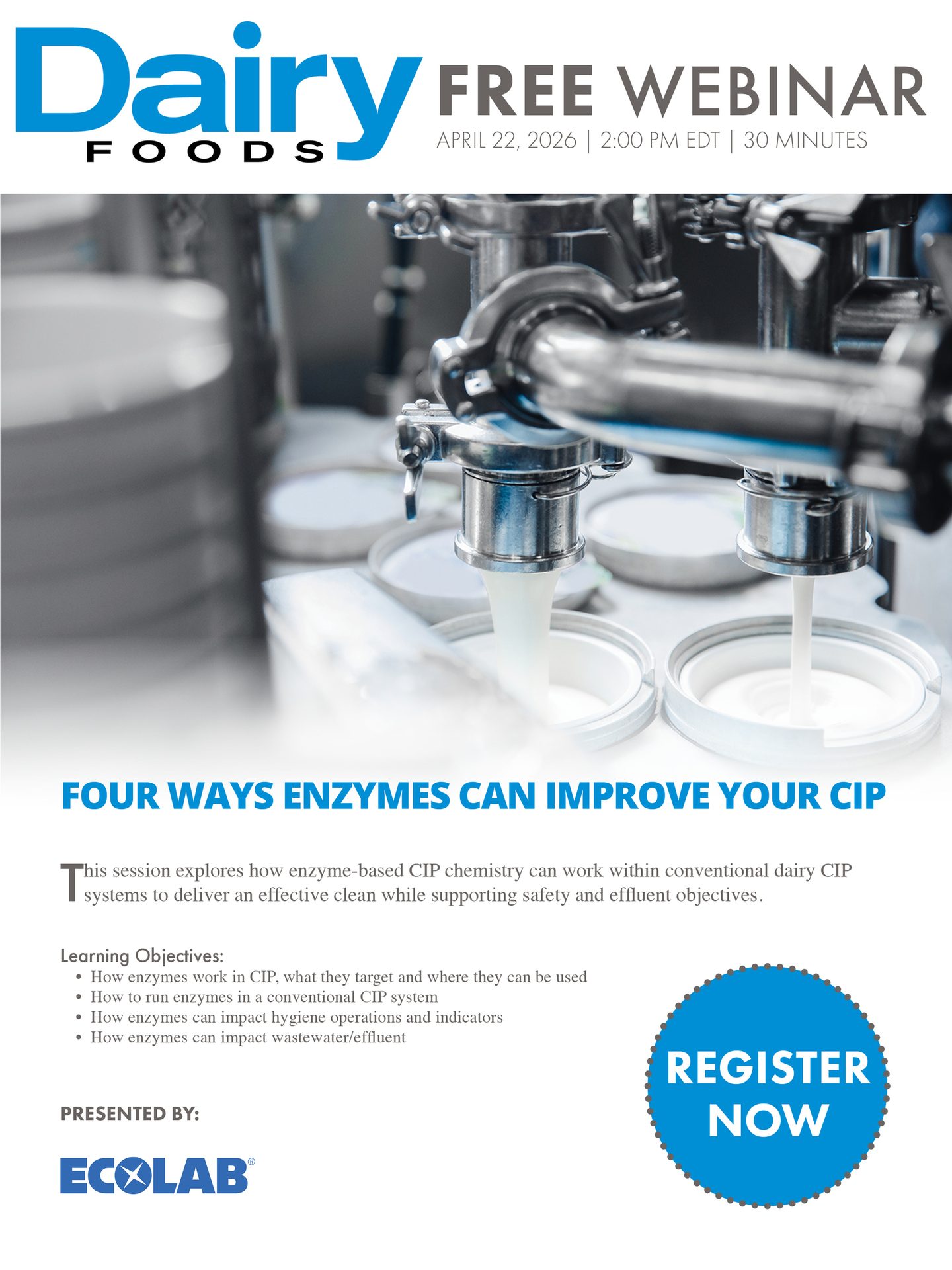Webinar ad for Dairy Foods on improving CIP with enzymes, showing milk being filled.