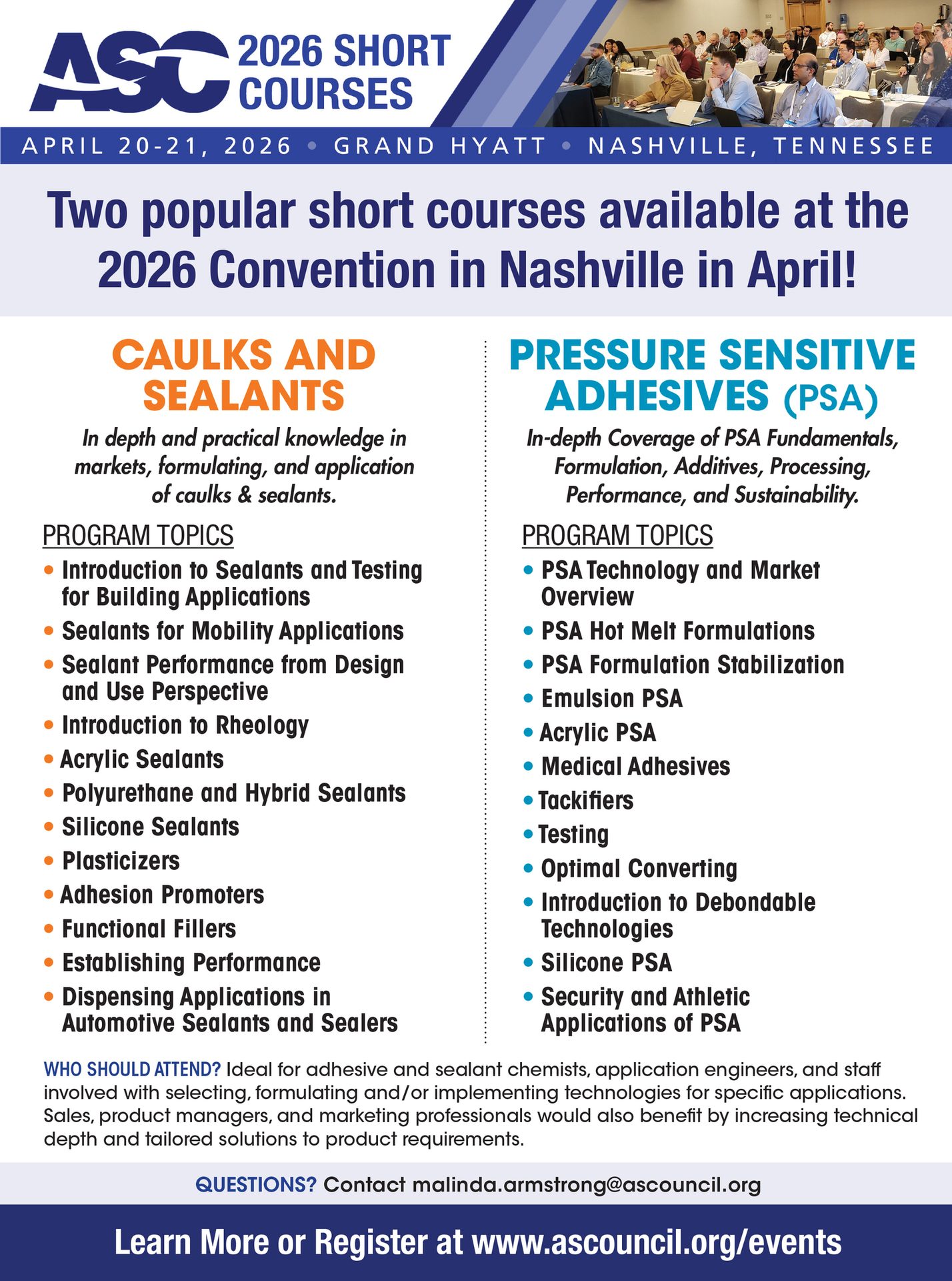 Advertisement for ASC 2026 short courses: Caulks & Sealants and Pressure Sensitive Adhesives (PSA).