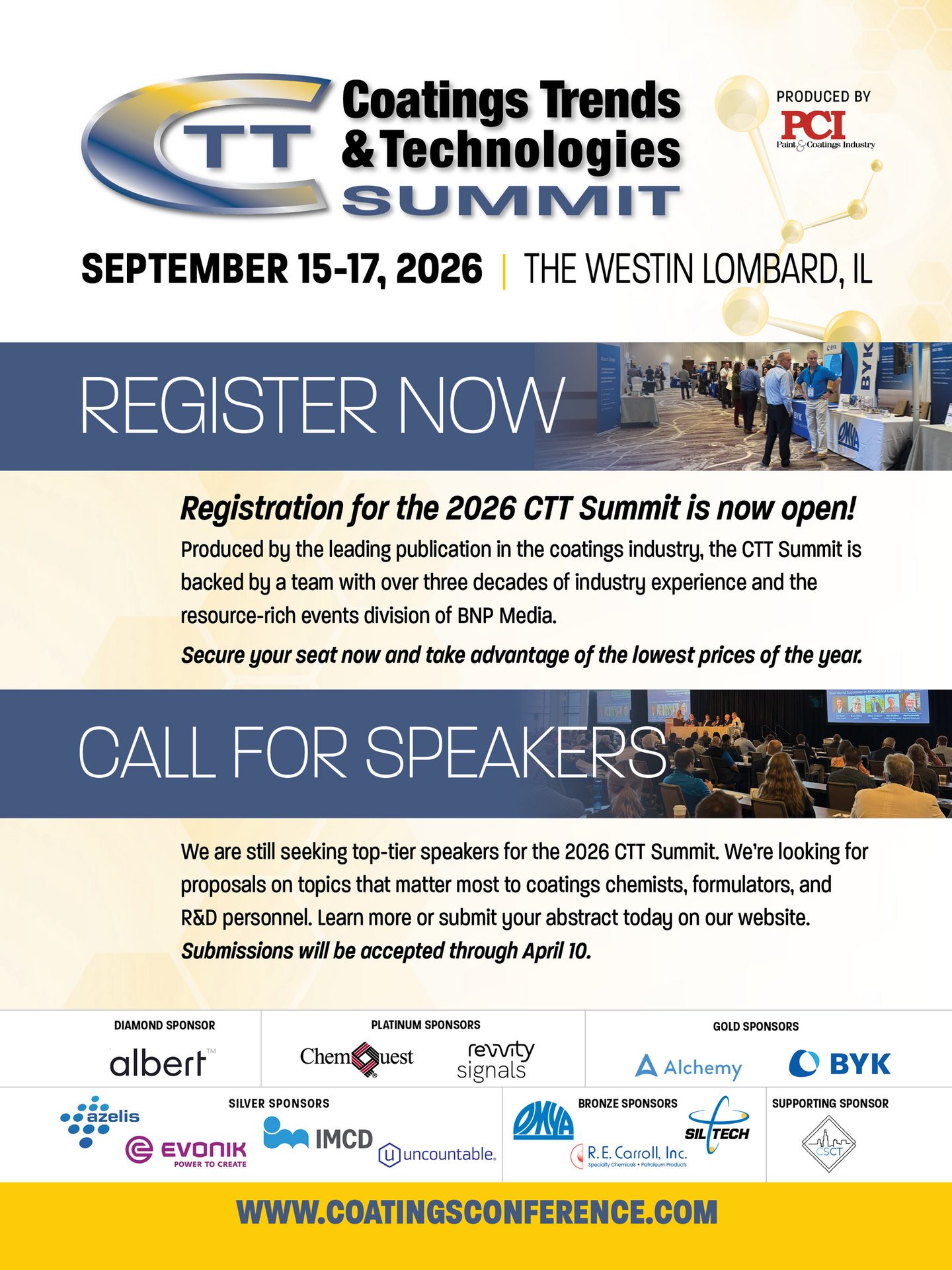 Ad for 2026 Coatings Trends & Technologies Summit (Sept 15-17, Lombard, IL). Register & speak.