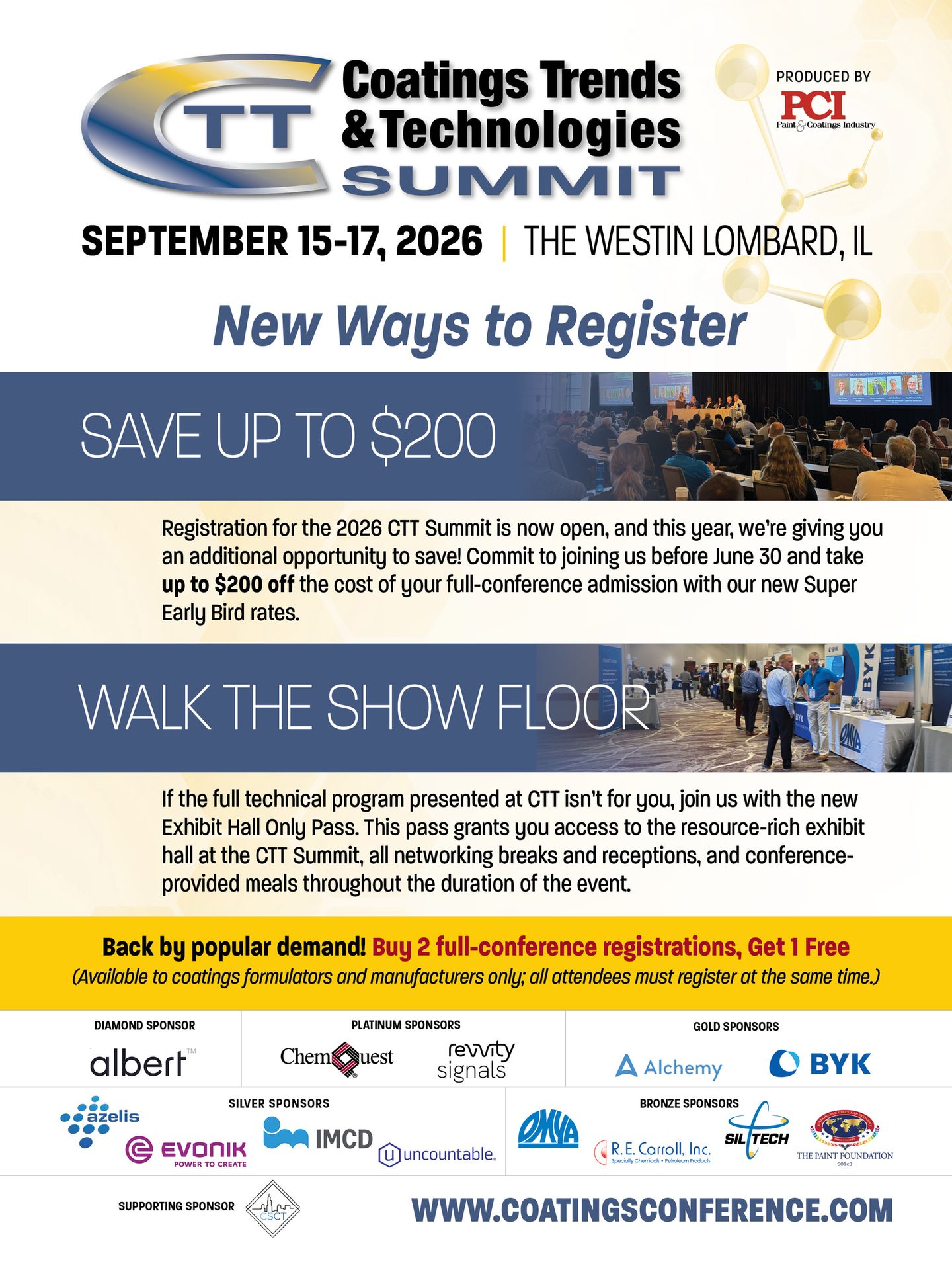 Advertisement for the 2026 Coatings Trends & Technologies Summit, featuring registration discounts, show floor info, and sponsors.