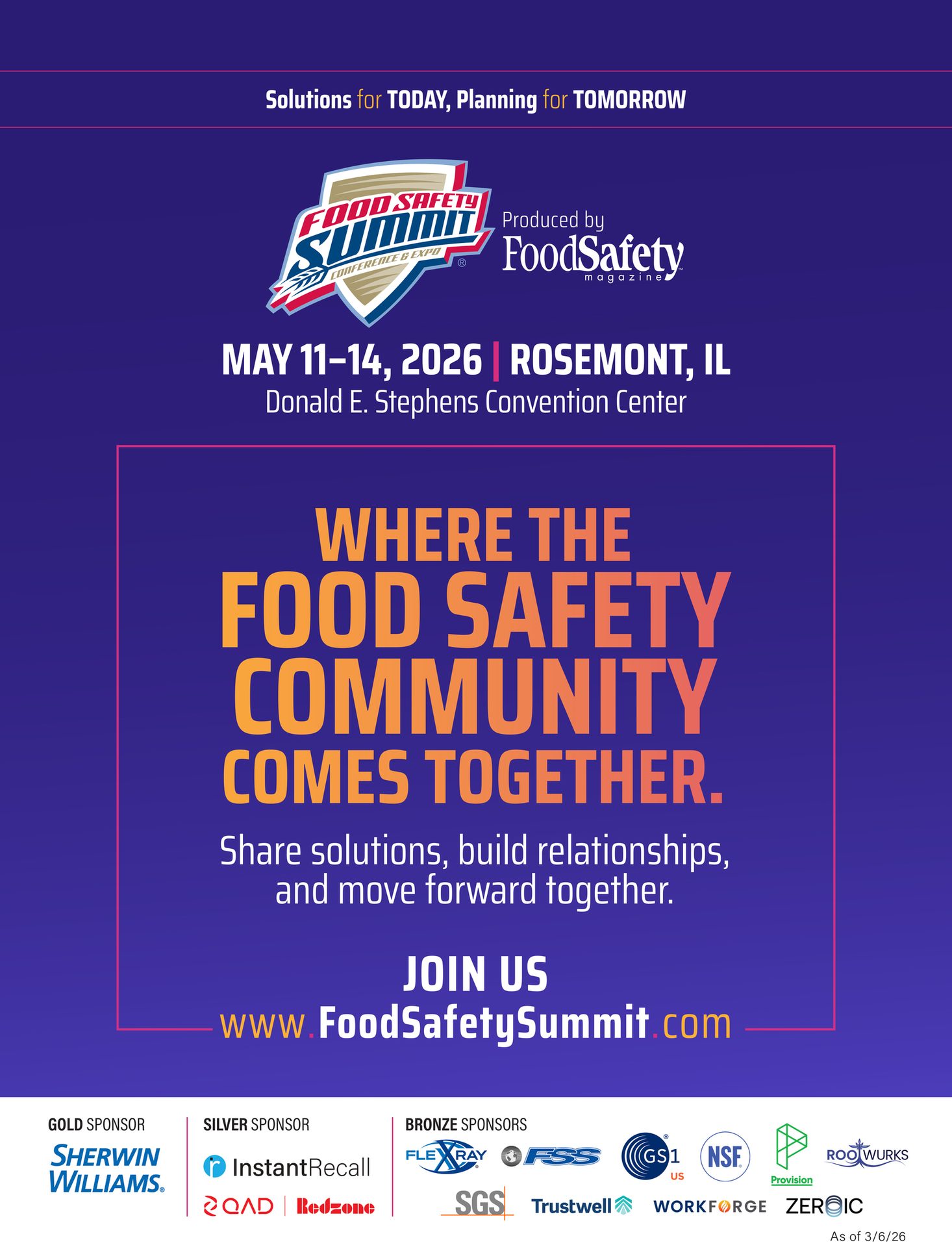Food Safety Summit event poster for May 11-14, 2026, in Rosemont, IL. Features event theme and website.