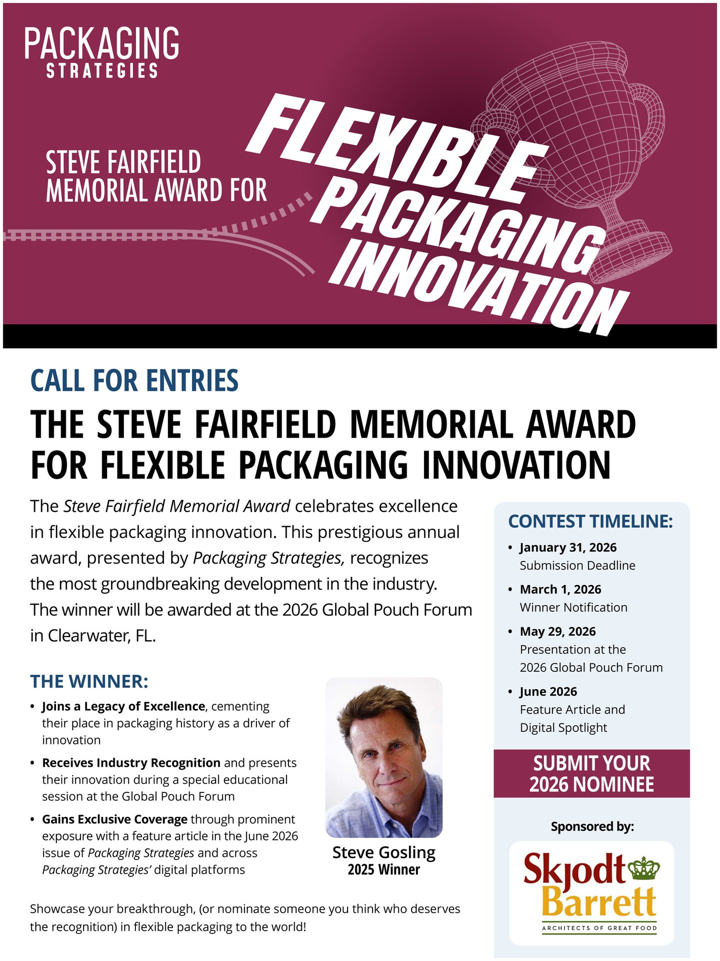 Flyer for the Steve Fairfield Memorial Award for Flexible Packaging Innovation, calling for entries.