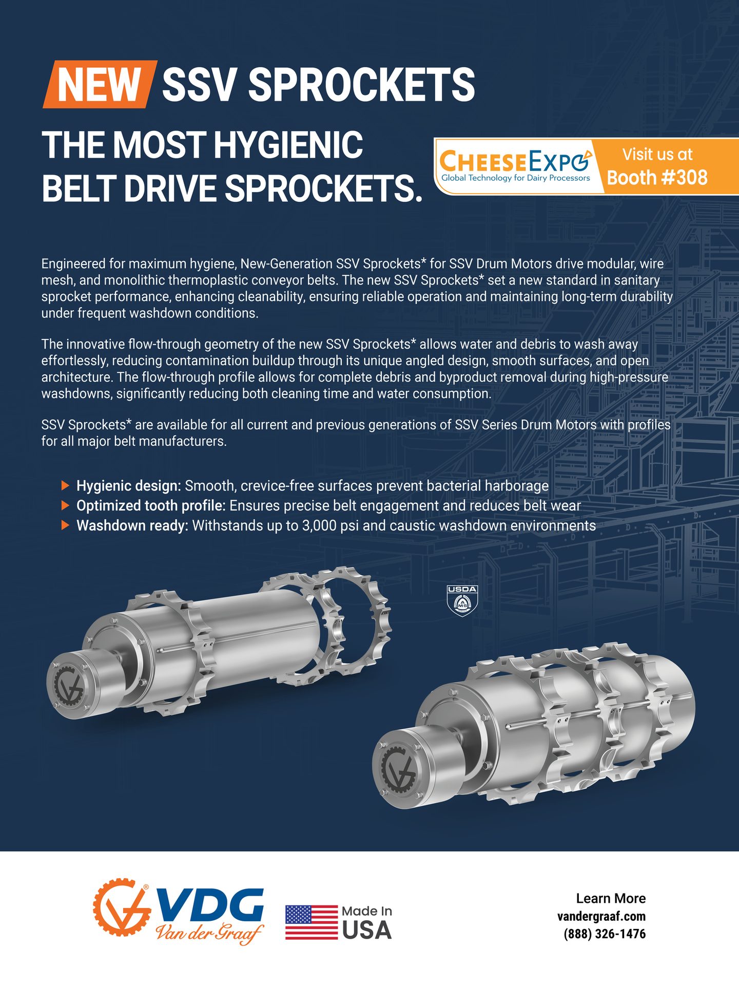 Ad for new hygienic SSV sprockets, featuring smooth surfaces, optimized tooth profile, and washdown readiness.