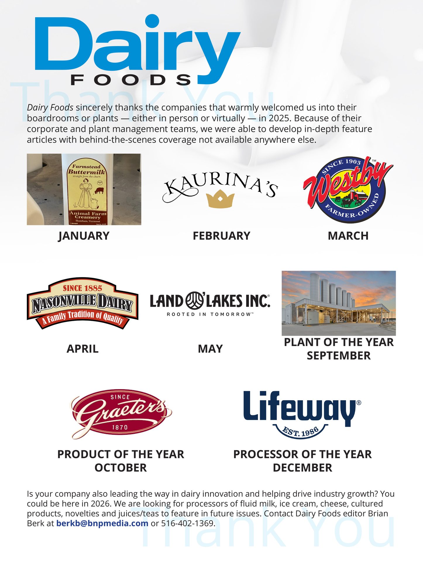 Dairy Foods thank you page with logos of featured dairy companies for monthly spotlights and awards.