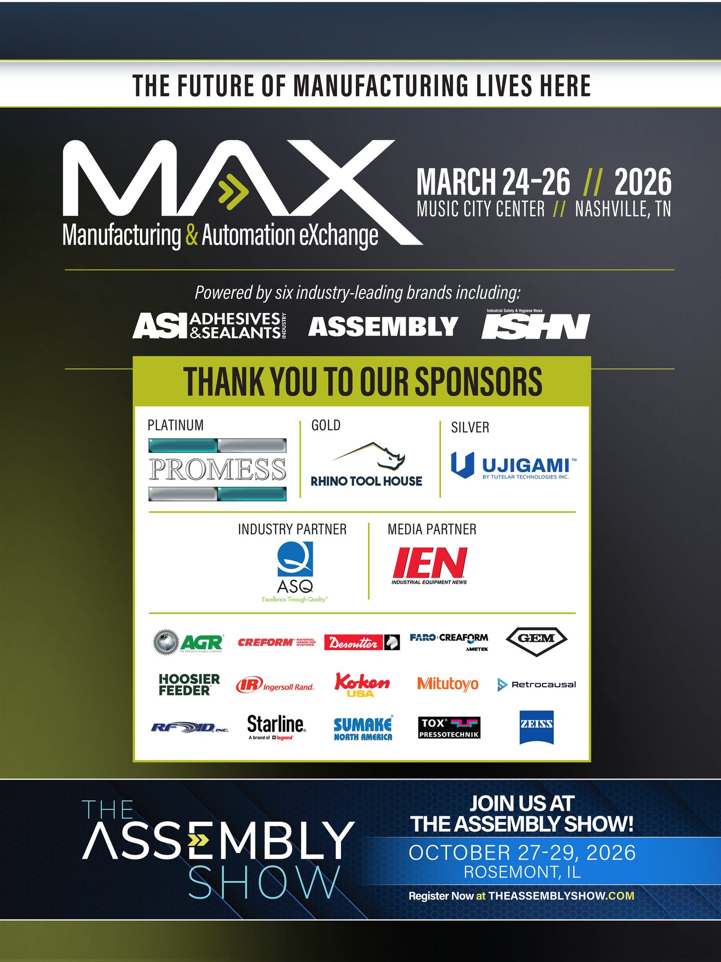 Poster for MAX Manufacturing & Automation eXchange and The Assembly Show, listing dates, locations, and sponsors.