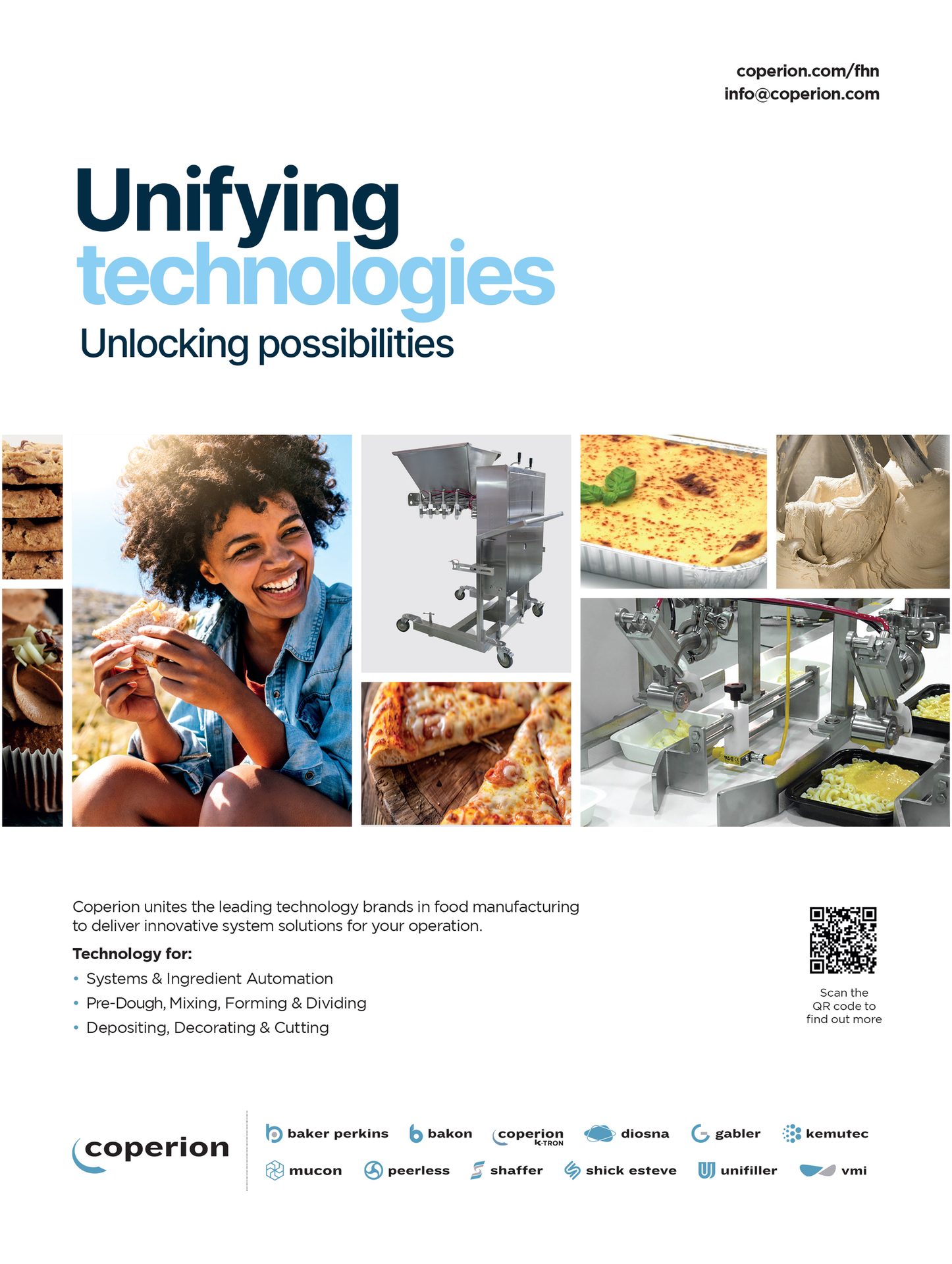 Coperion's "Unifying technologies" ad for food production, featuring diverse foods, machinery, and brands.