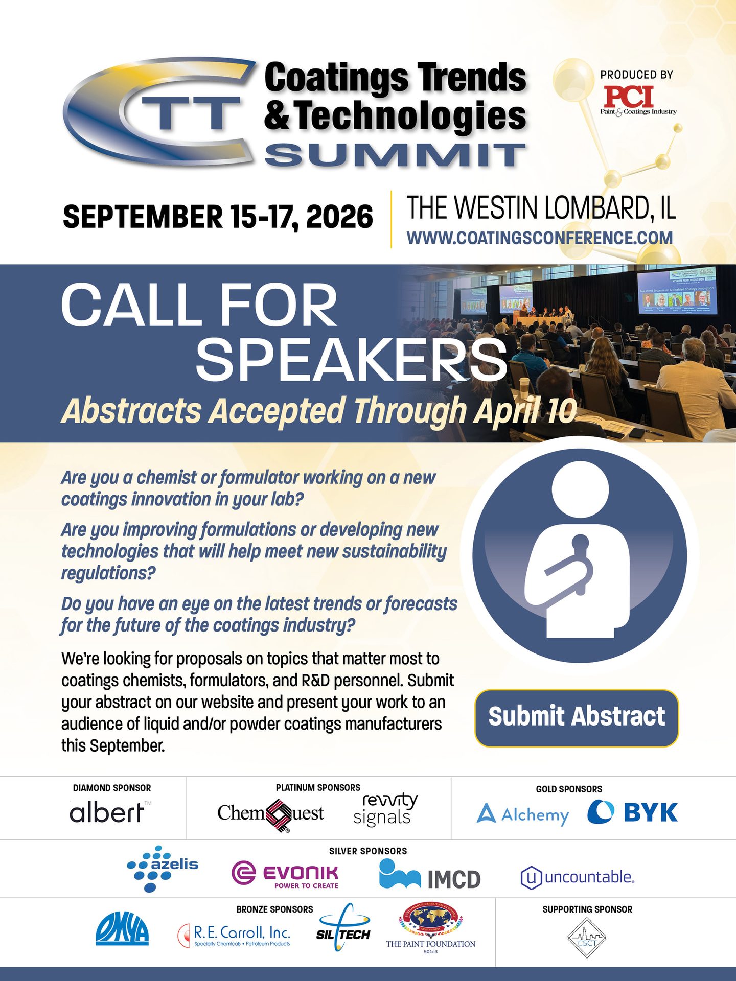 Poster for Coatings Trends & Technologies Summit 2026, announcing Call for Speakers with abstract deadline April 10.