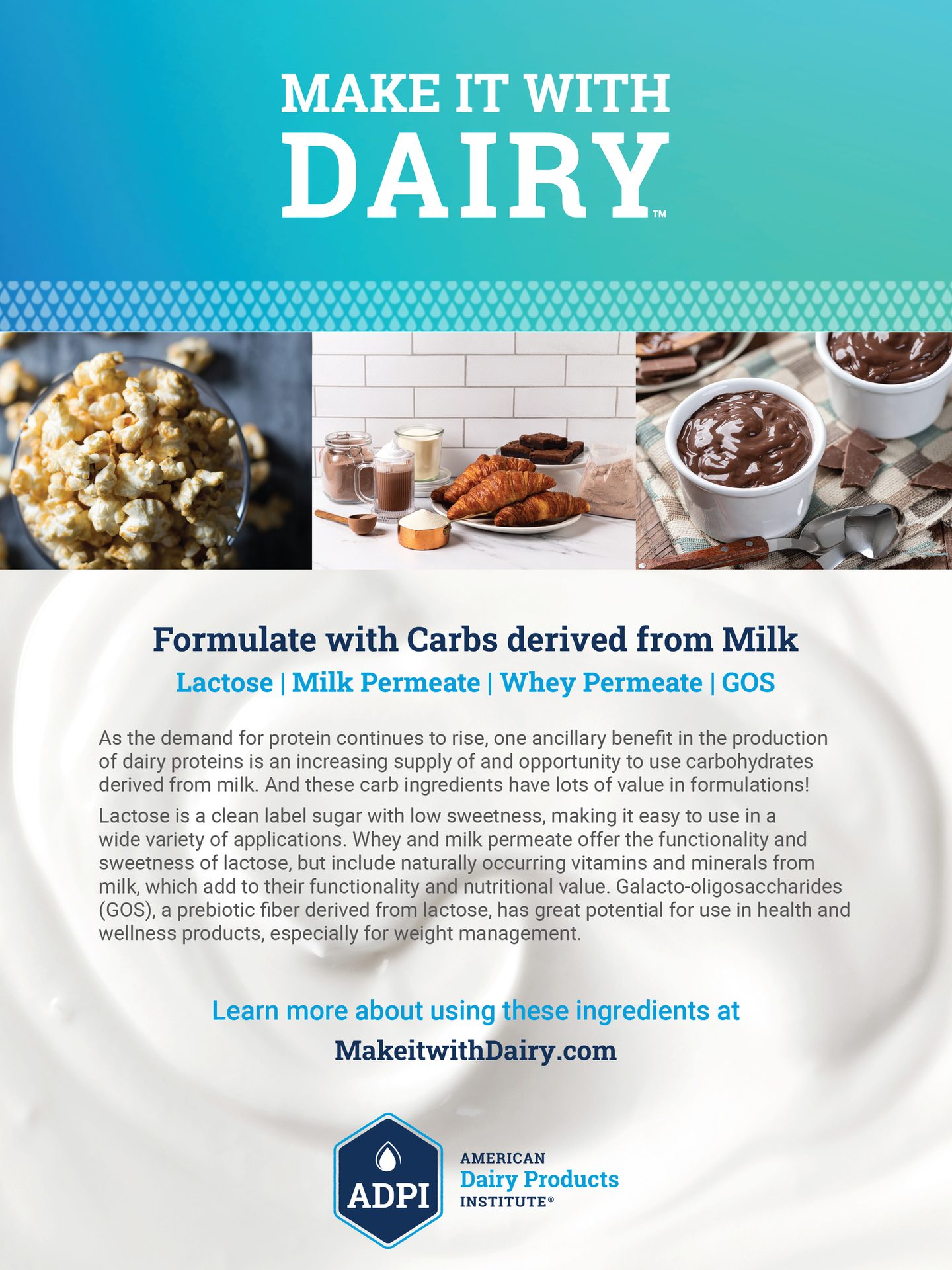 Ad for dairy-derived carbohydrates like lactose, milk permeate, whey permeate, and GOS, showing foods and ingredients.