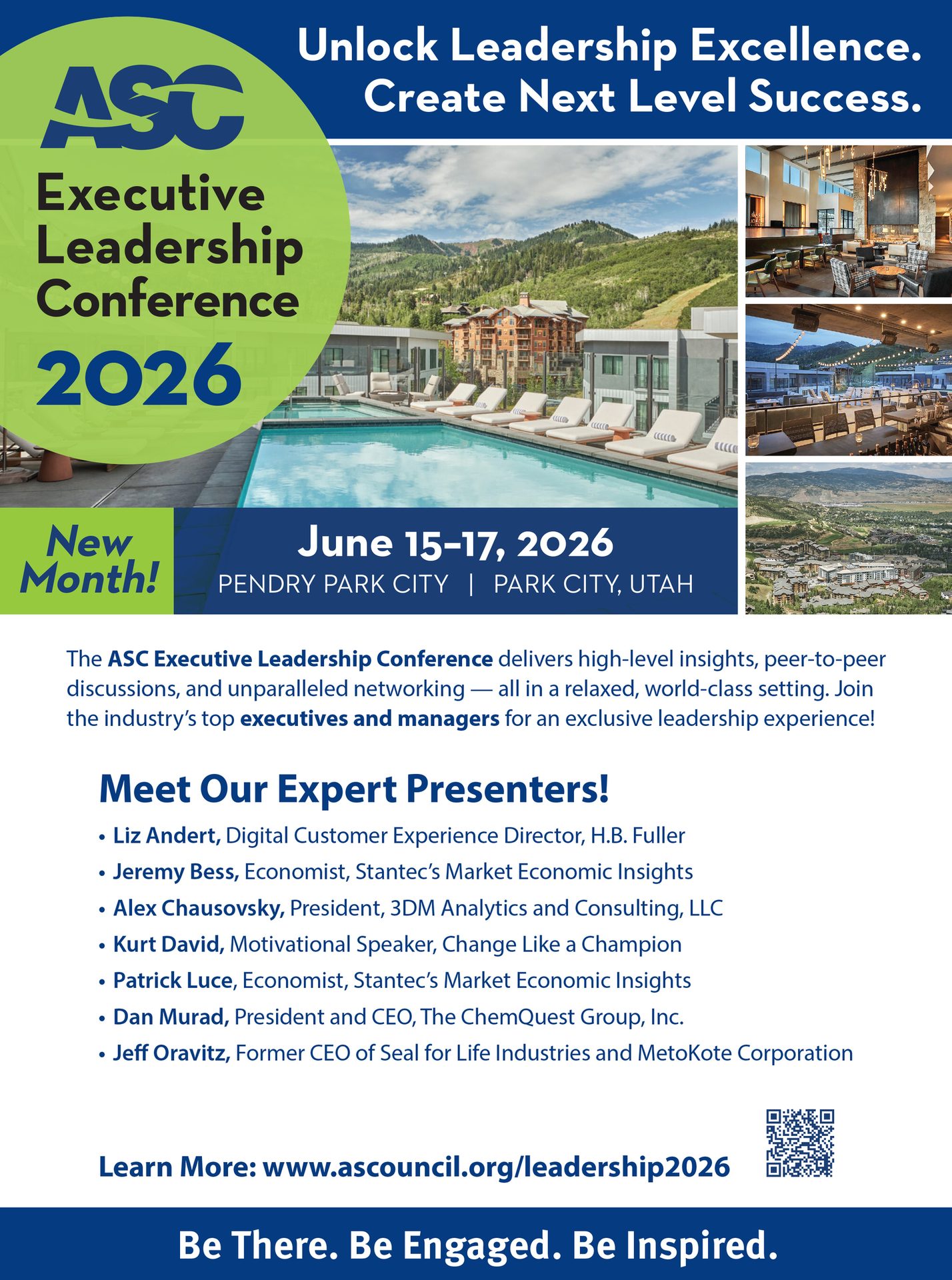 Ad for ASC Executive Leadership Conference 2026, featuring a resort, dates, and speaker list.