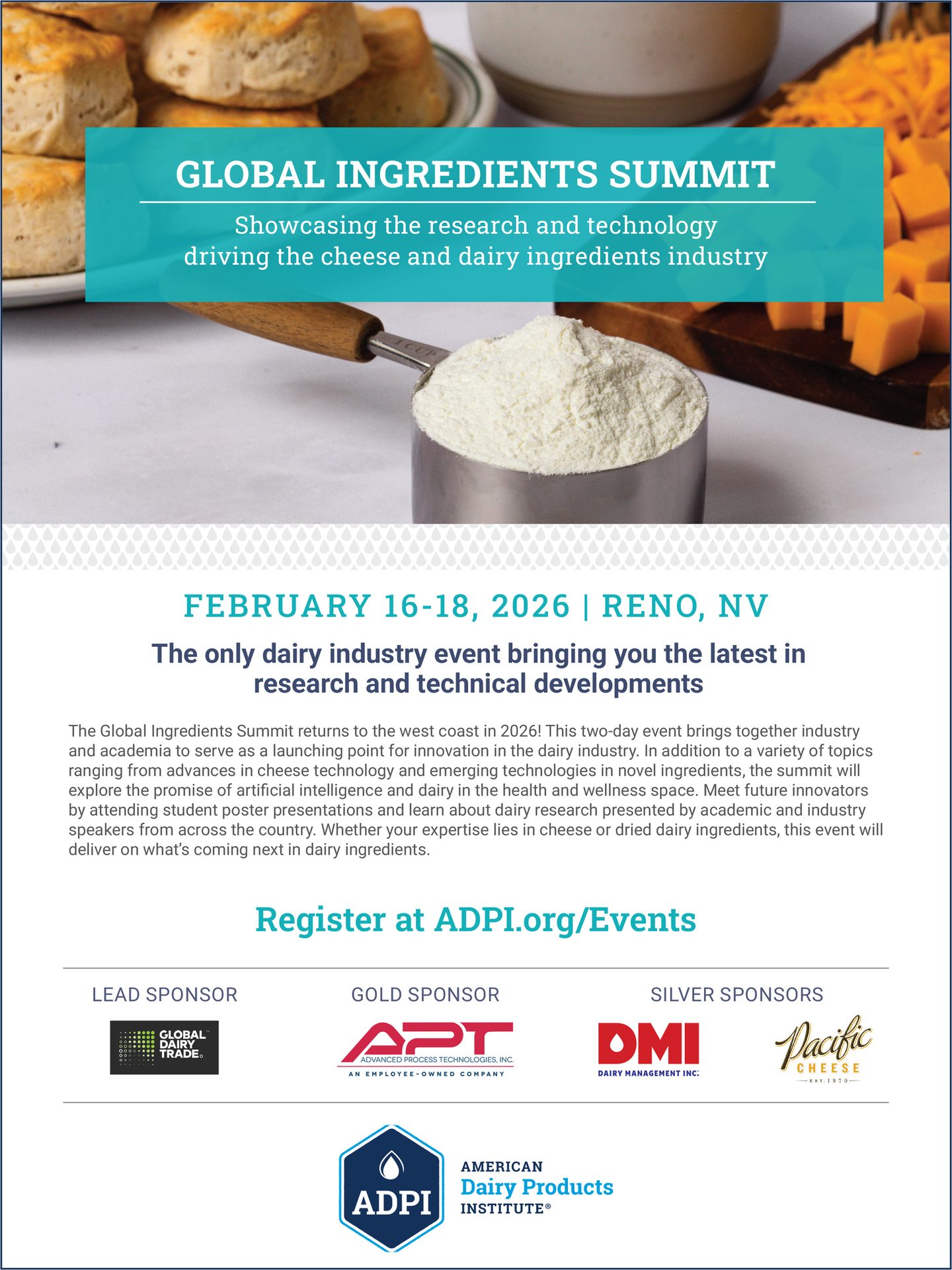 Global Ingredients Summit 2026 ad: Dairy industry research & technology event in Reno.