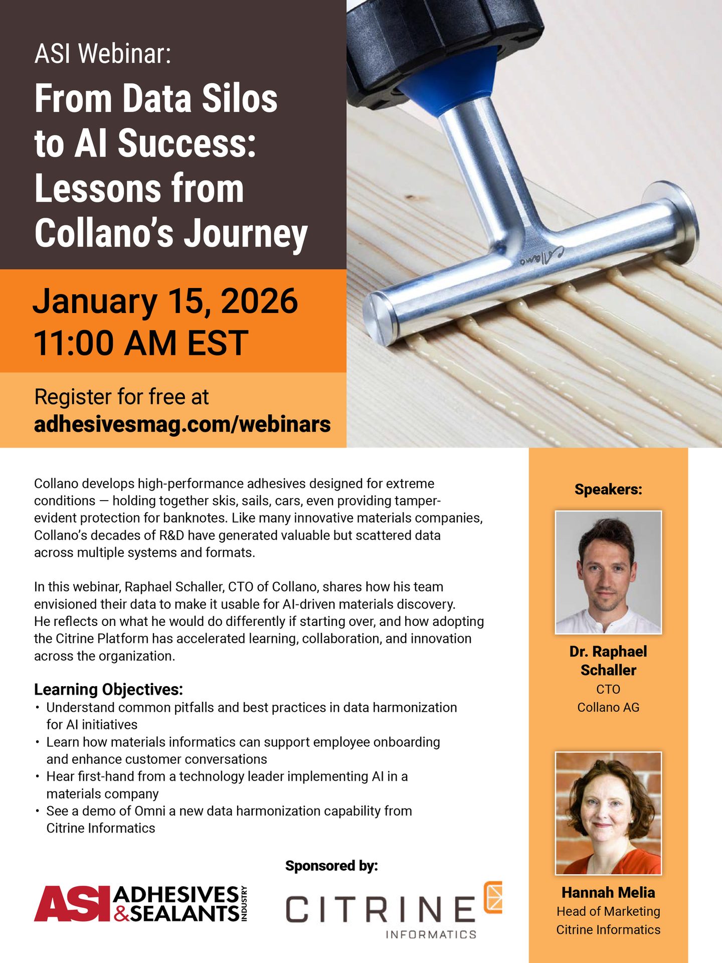 Webinar ad: 'From Data Silos to AI Success' (Jan 15, 2026), featuring speakers and a glue applicator.