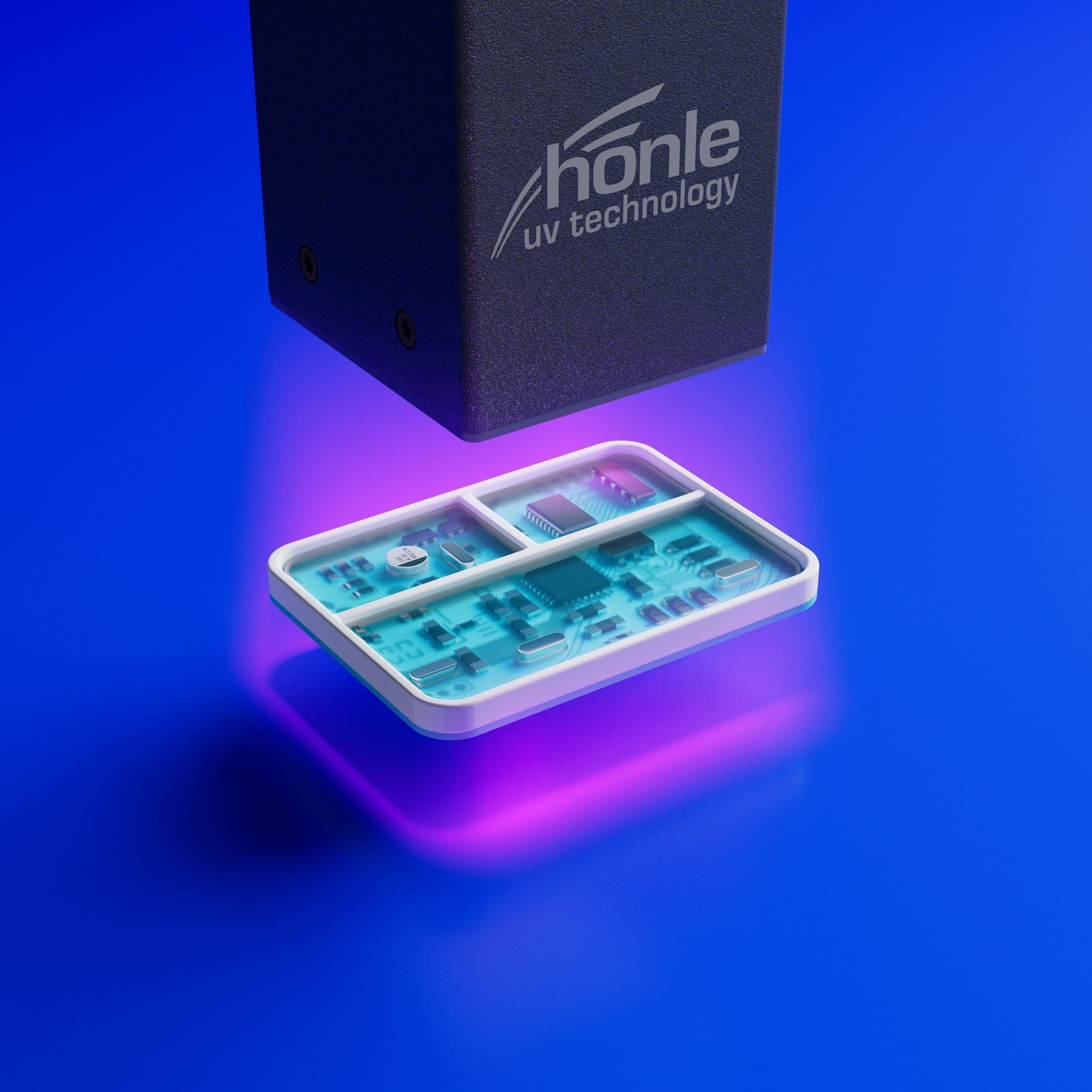 Honle UV lamp illuminates a clear circuit board with electronic components.