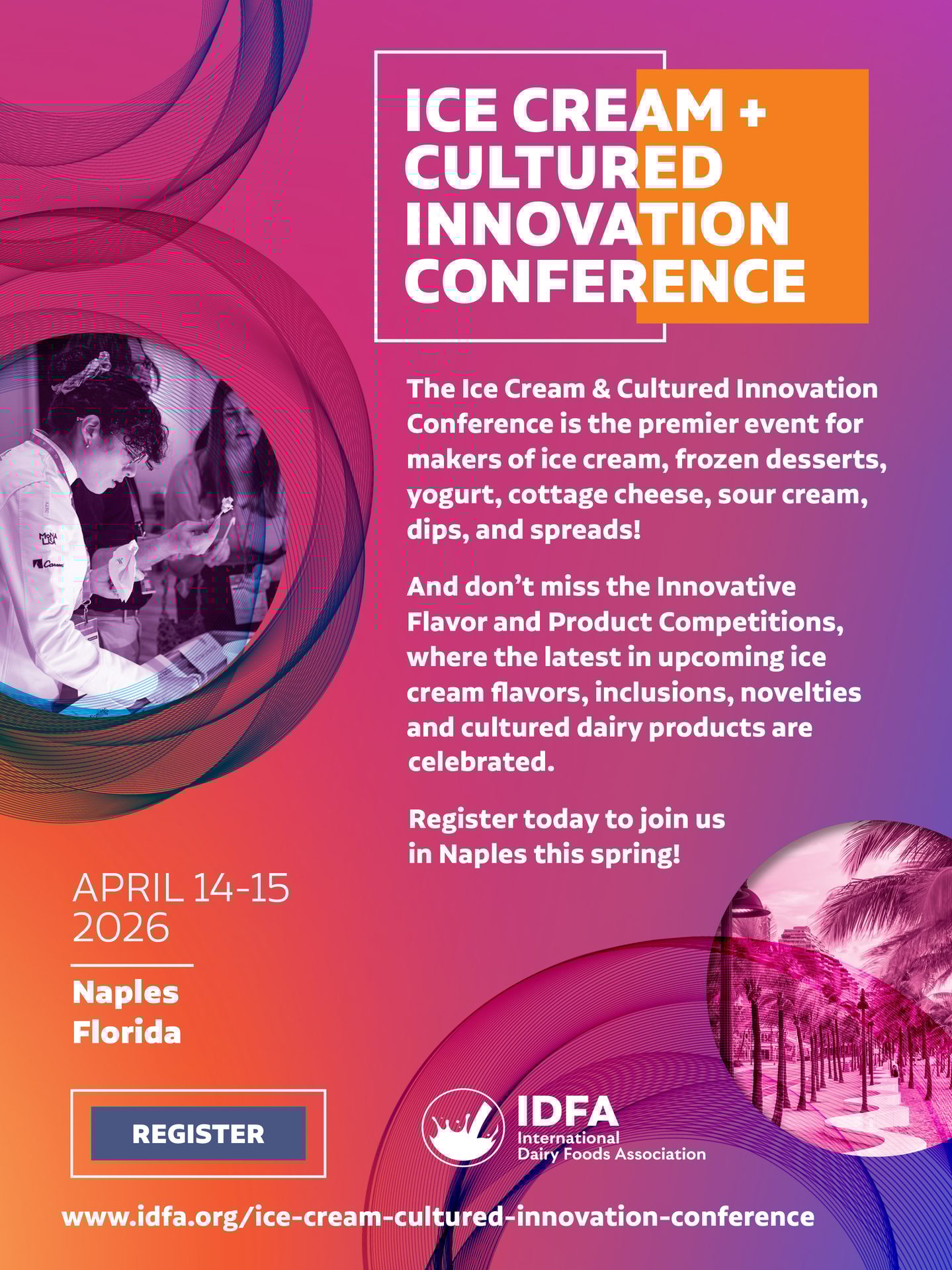 Flyer for the IDFA Ice Cream + Cultured Innovation Conference, April 14-15, 2026, Naples, FL.