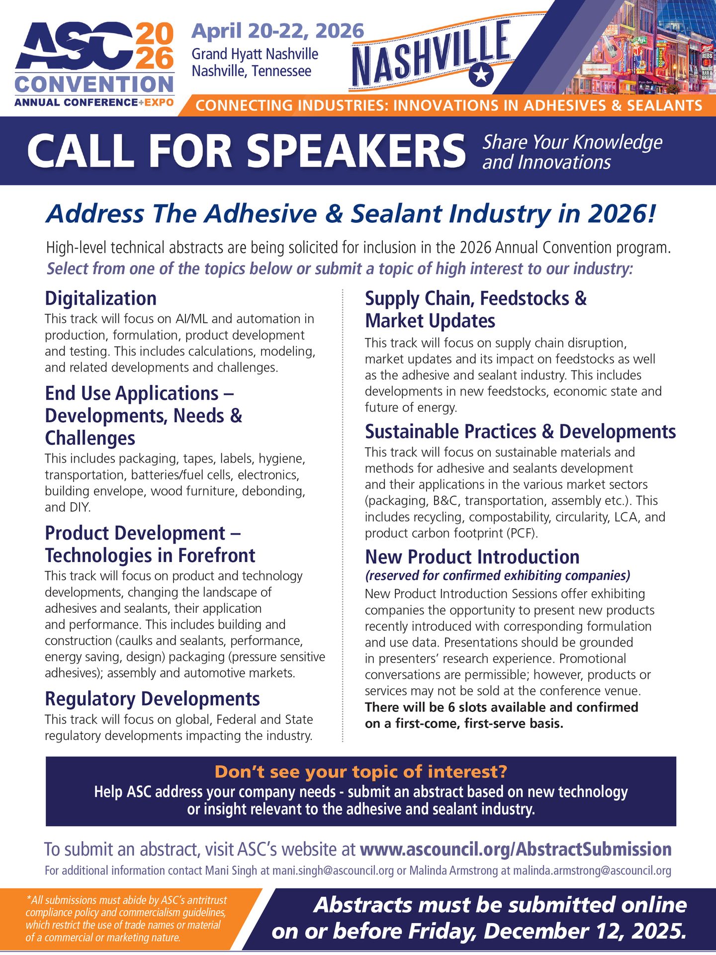 ASC 2026 Convention Call for Speakers for adhesive & sealant industry. Submission deadline: Dec 12, 2025.