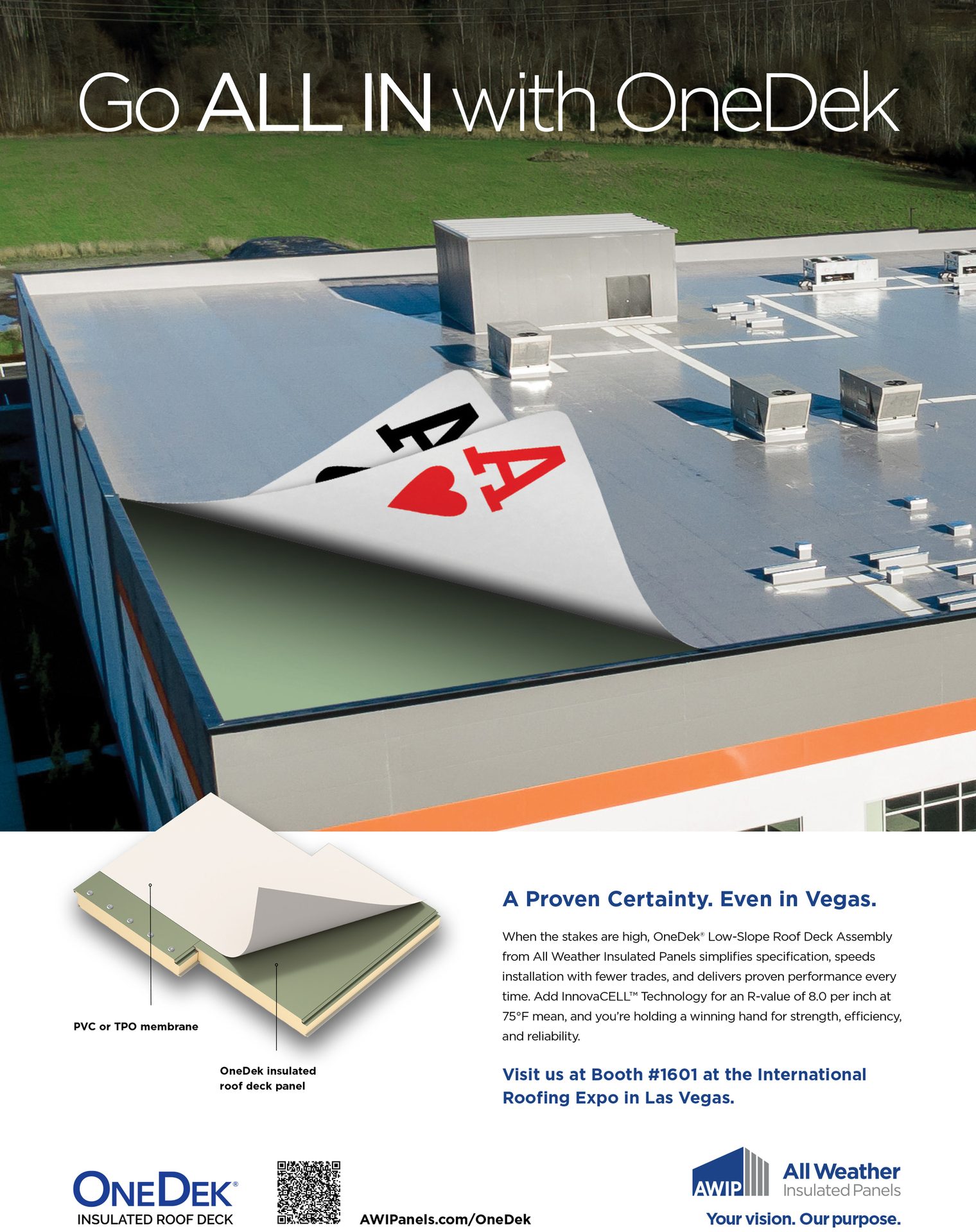 Ad for OneDek insulated roof deck, showing a roof with aces, product diagram, and Vegas expo details.