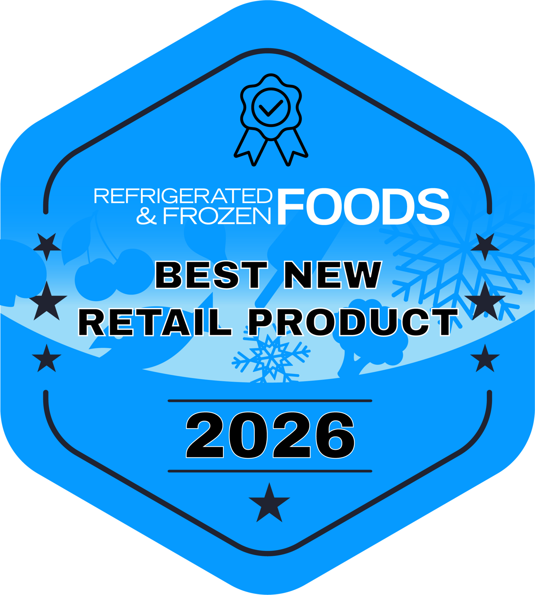 A blue award badge for 'Best New Retail Product 2026' from Refrigerated & Frozen Foods magazine.