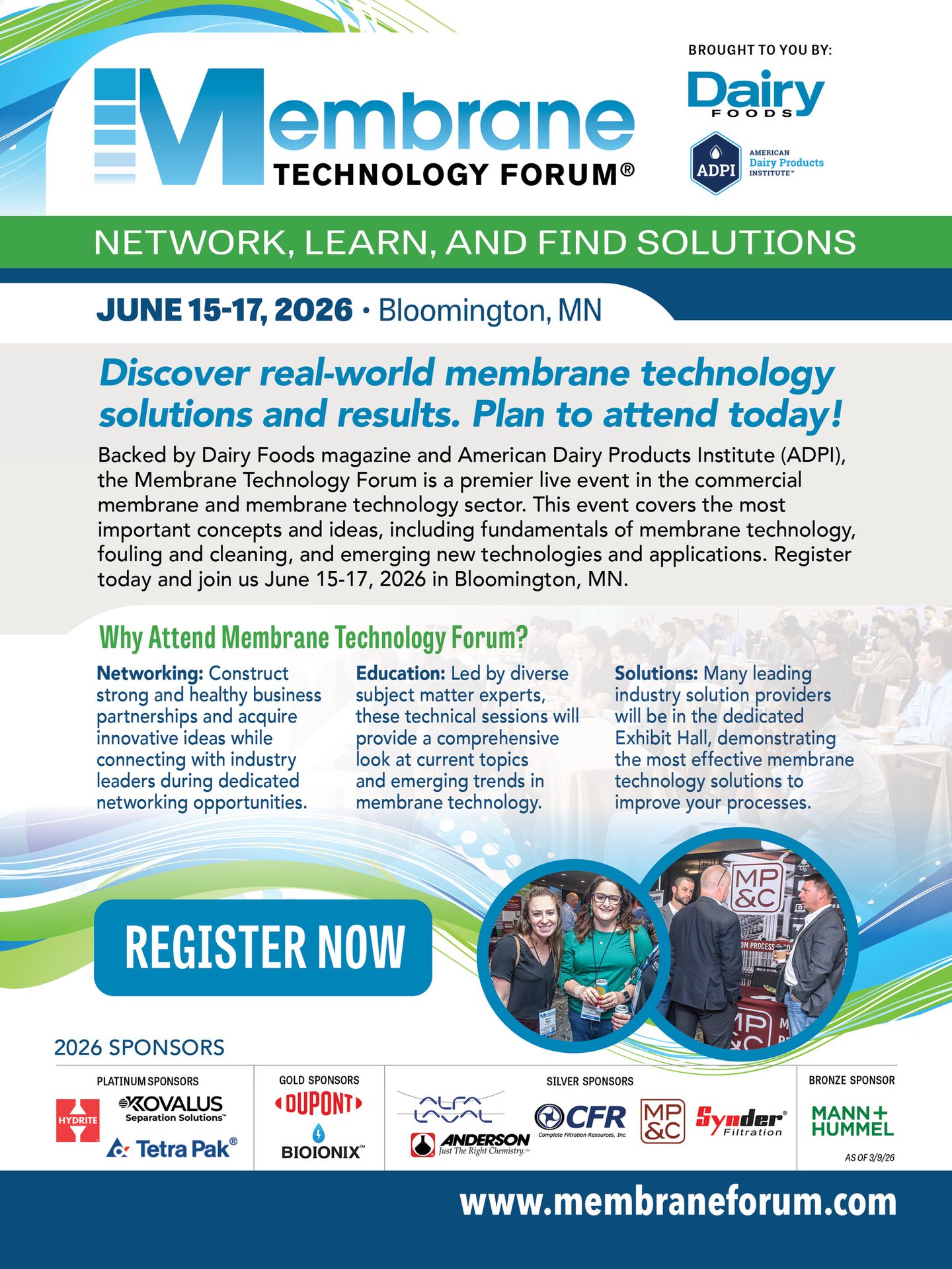 Advertisement for the 2026 Membrane Technology Forum, detailing event dates, location, and benefits.
