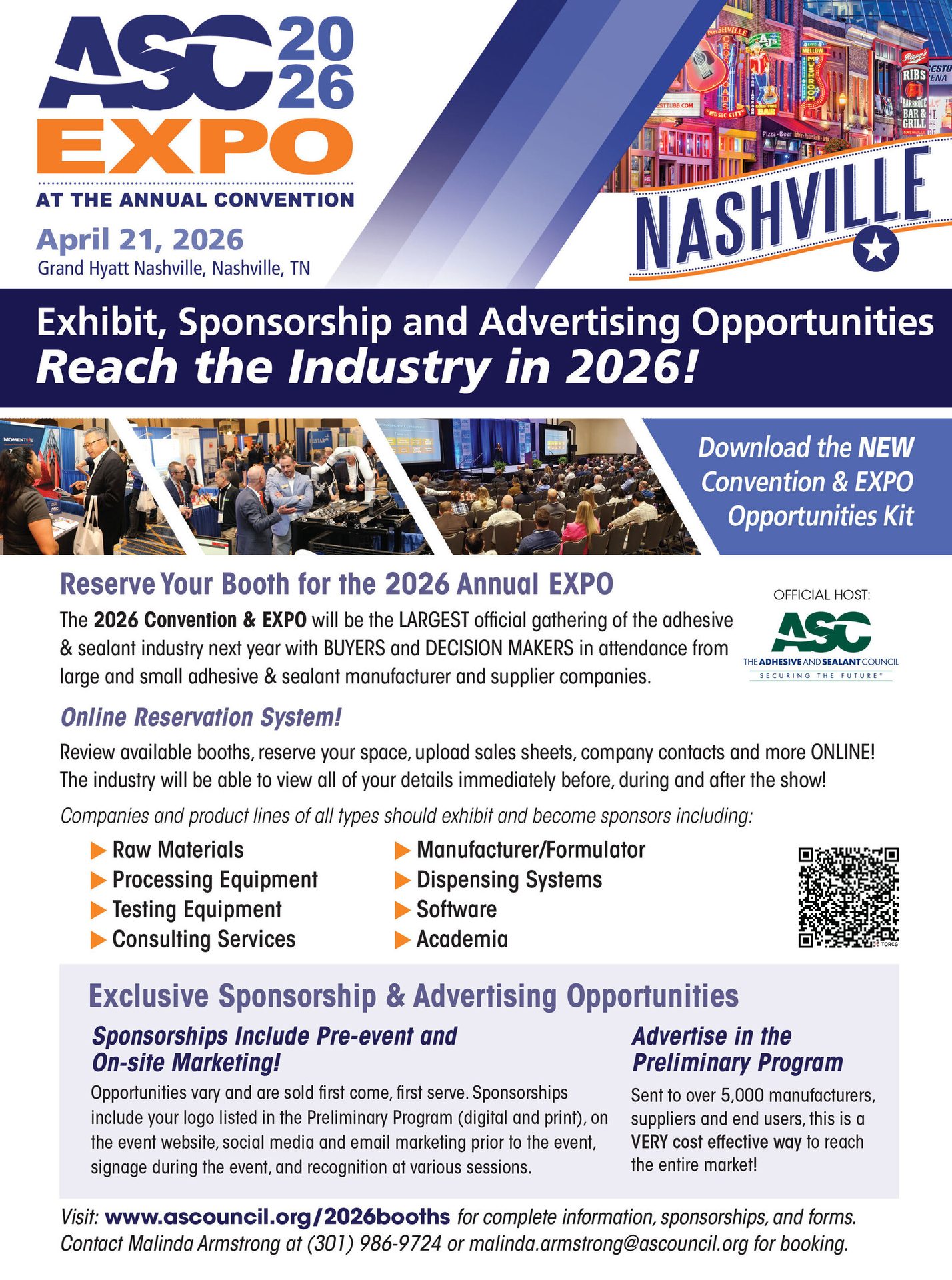 Flyer for ASC 2026 Expo in Nashville, detailing exhibition, sponsorship, and advertising opportunities.