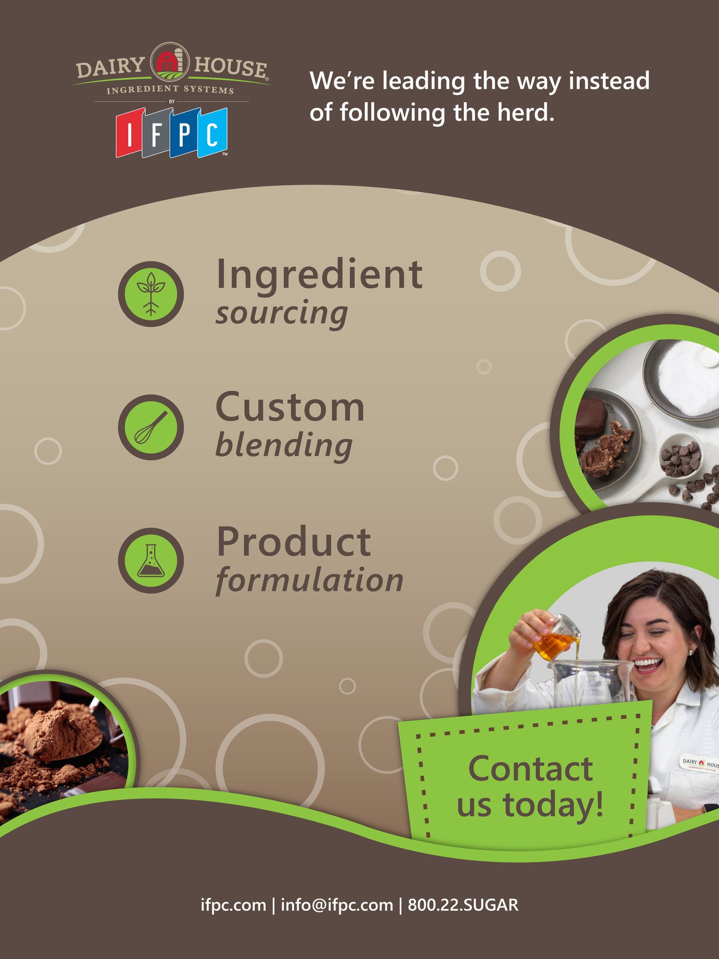 Dairy House IFPC ad: leading the way in ingredient sourcing, custom blending, and product formulation.