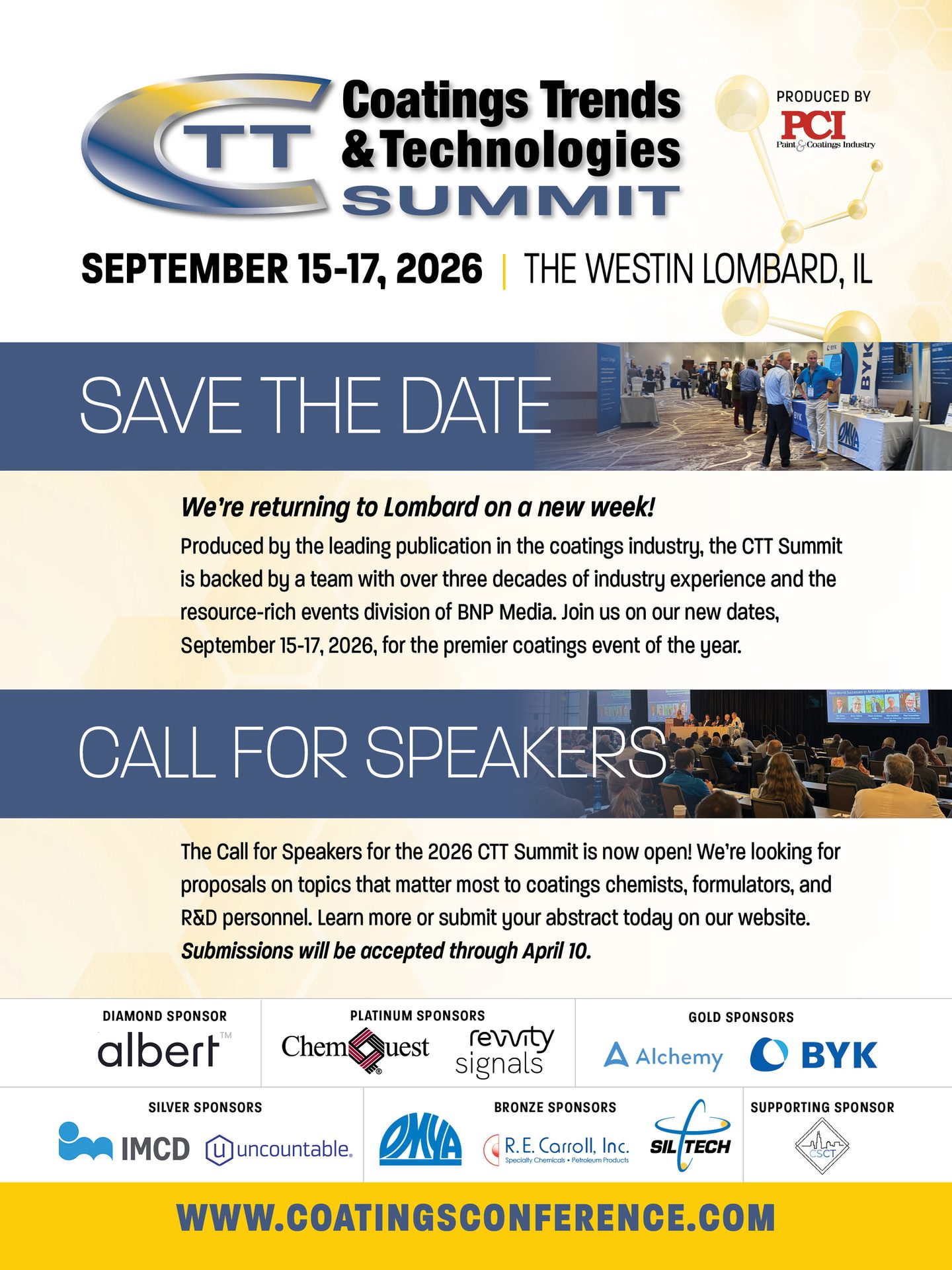 Ad for Coatings Trends & Technologies Summit, Sept 15-17, 2026, Westin Lombard, IL. Call for speakers.