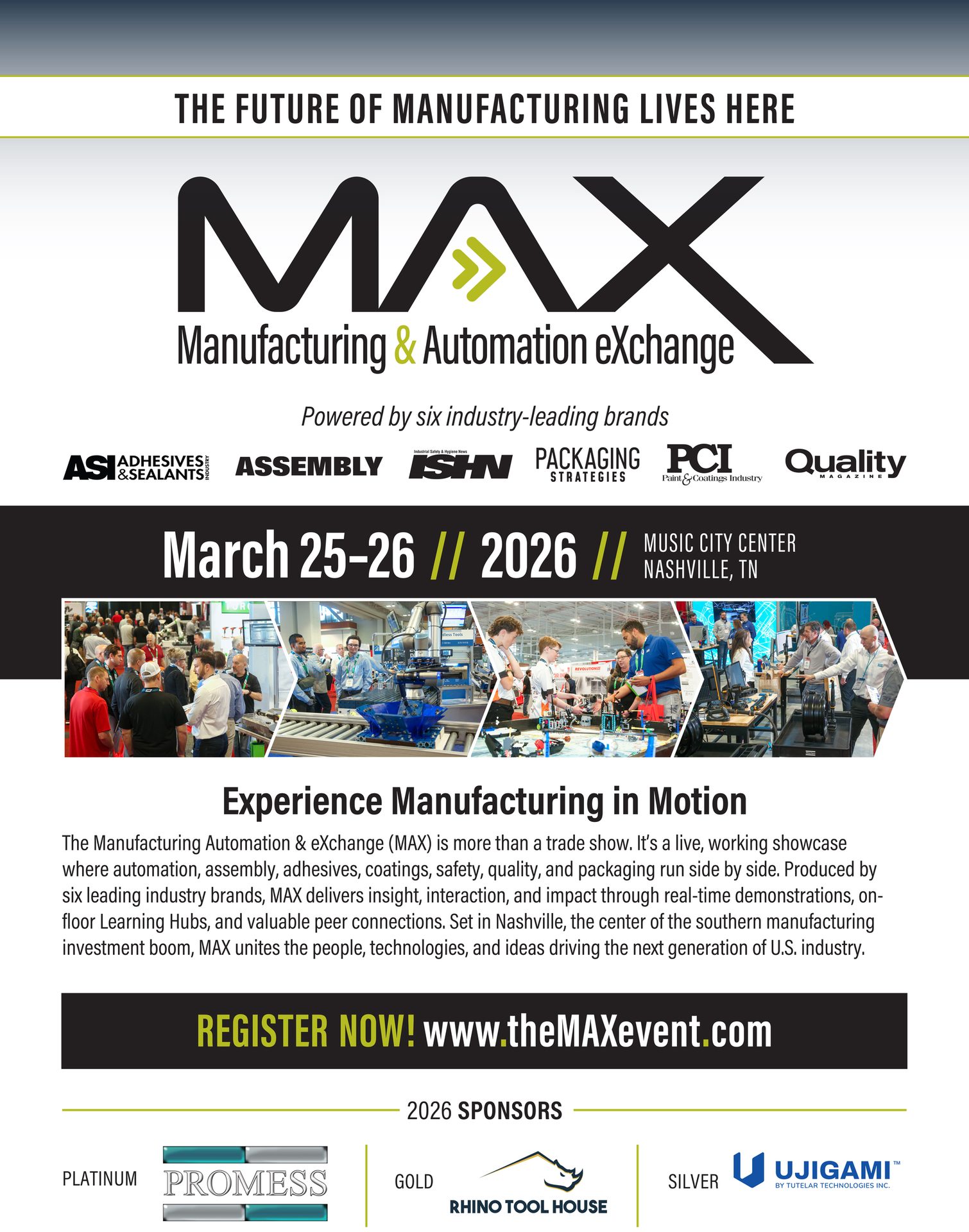 Advertisement for MAX Manufacturing & Automation eXchange event, March 25-26, 2026, Nashville, TN.