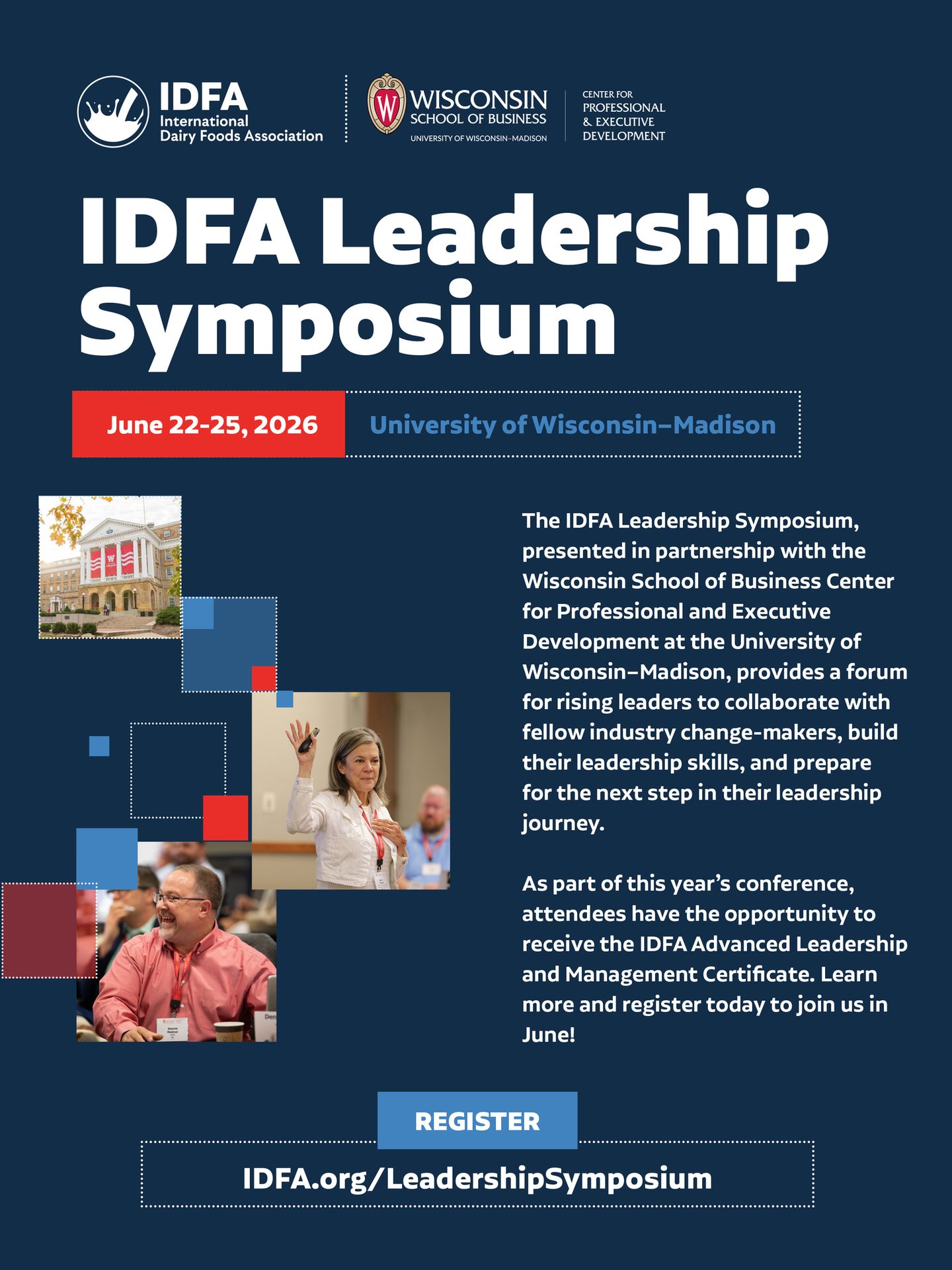 Promotional poster for IDFA Leadership Symposium 2026 with event details, images, and registration link.