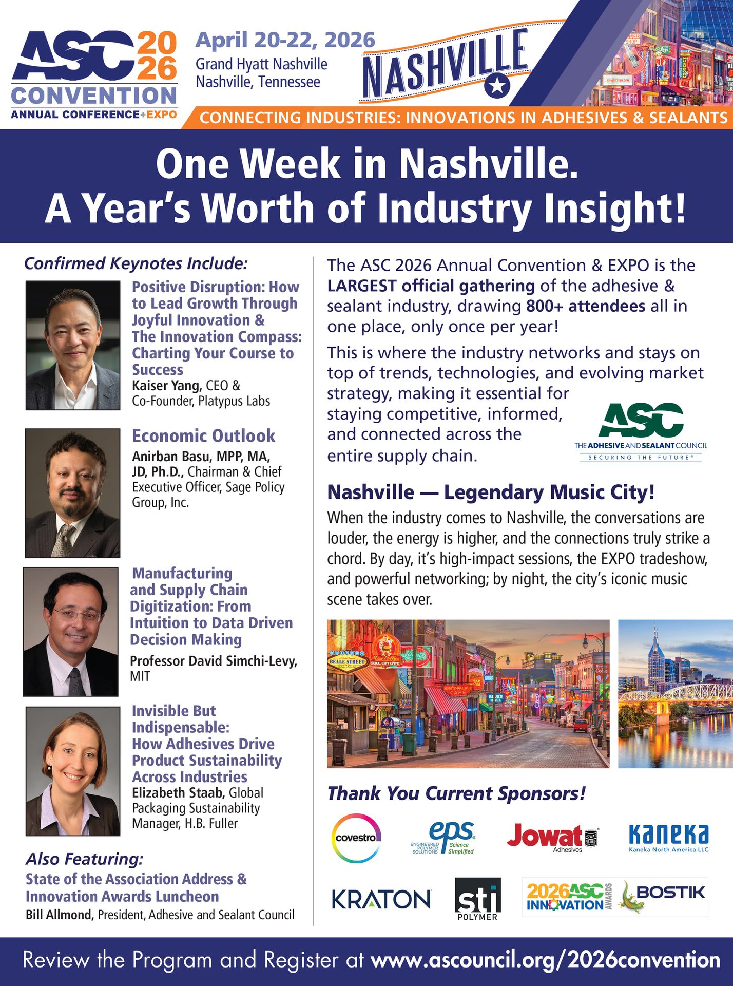 ASC 2026 Convention ad: Nashville event, keynote speakers, industry insights, and sponsors.