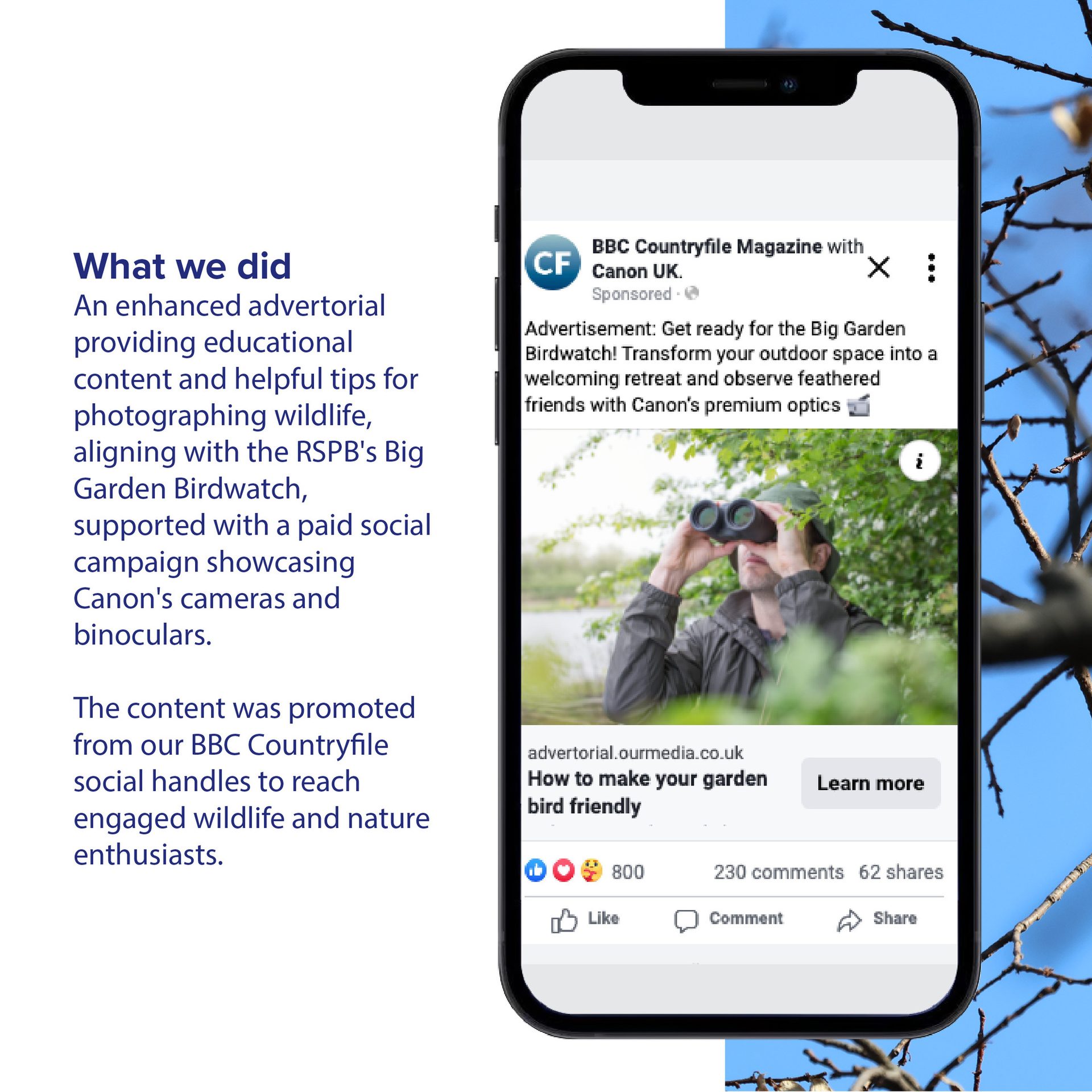 Text describes a Canon/BBC advertorial for wildlife photography, next to a matching sponsored social post.