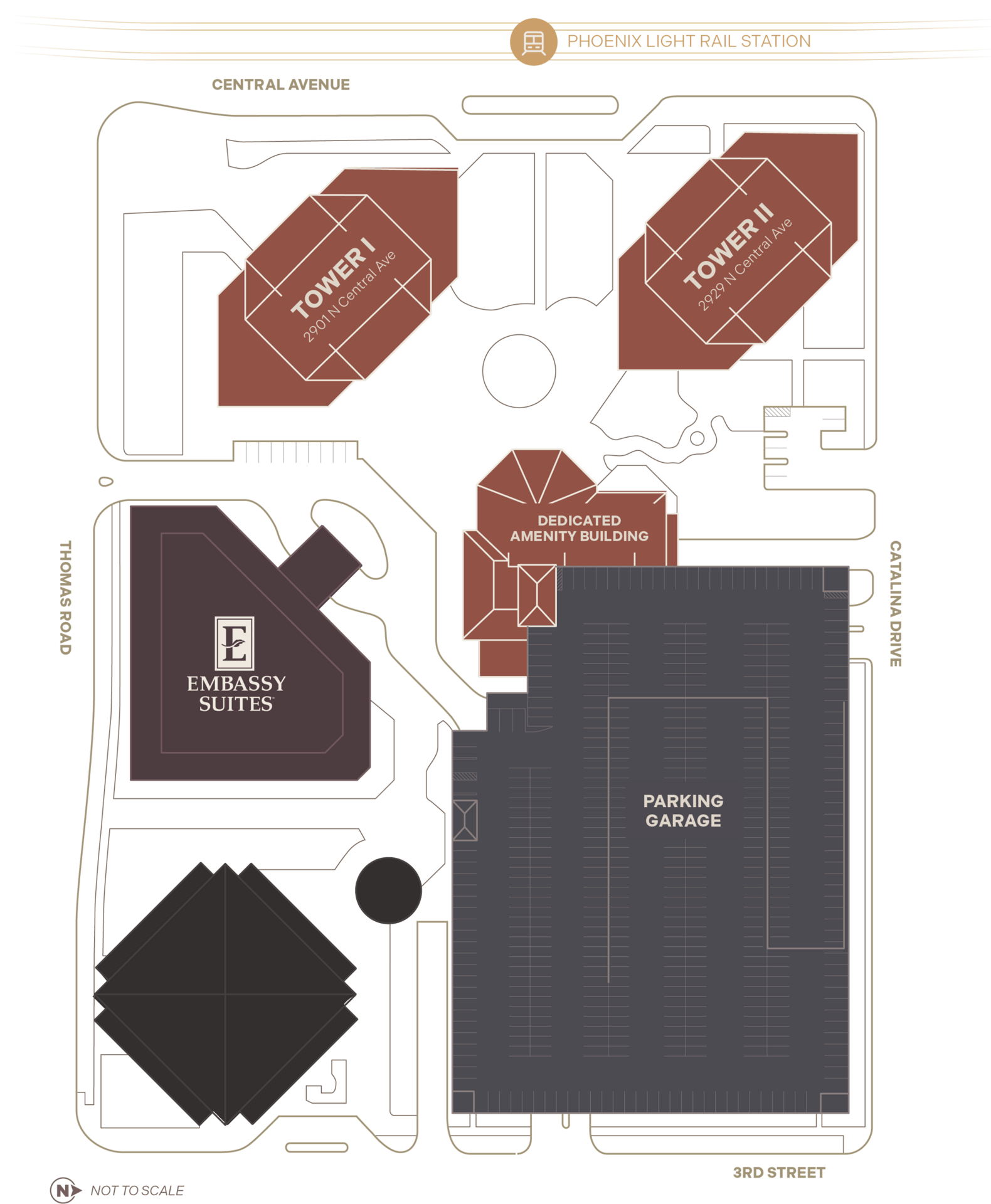 Site plan showing Tower I, Tower II, Embassy Suites, amenity building, parking, and Phoenix Light Rail Station.
