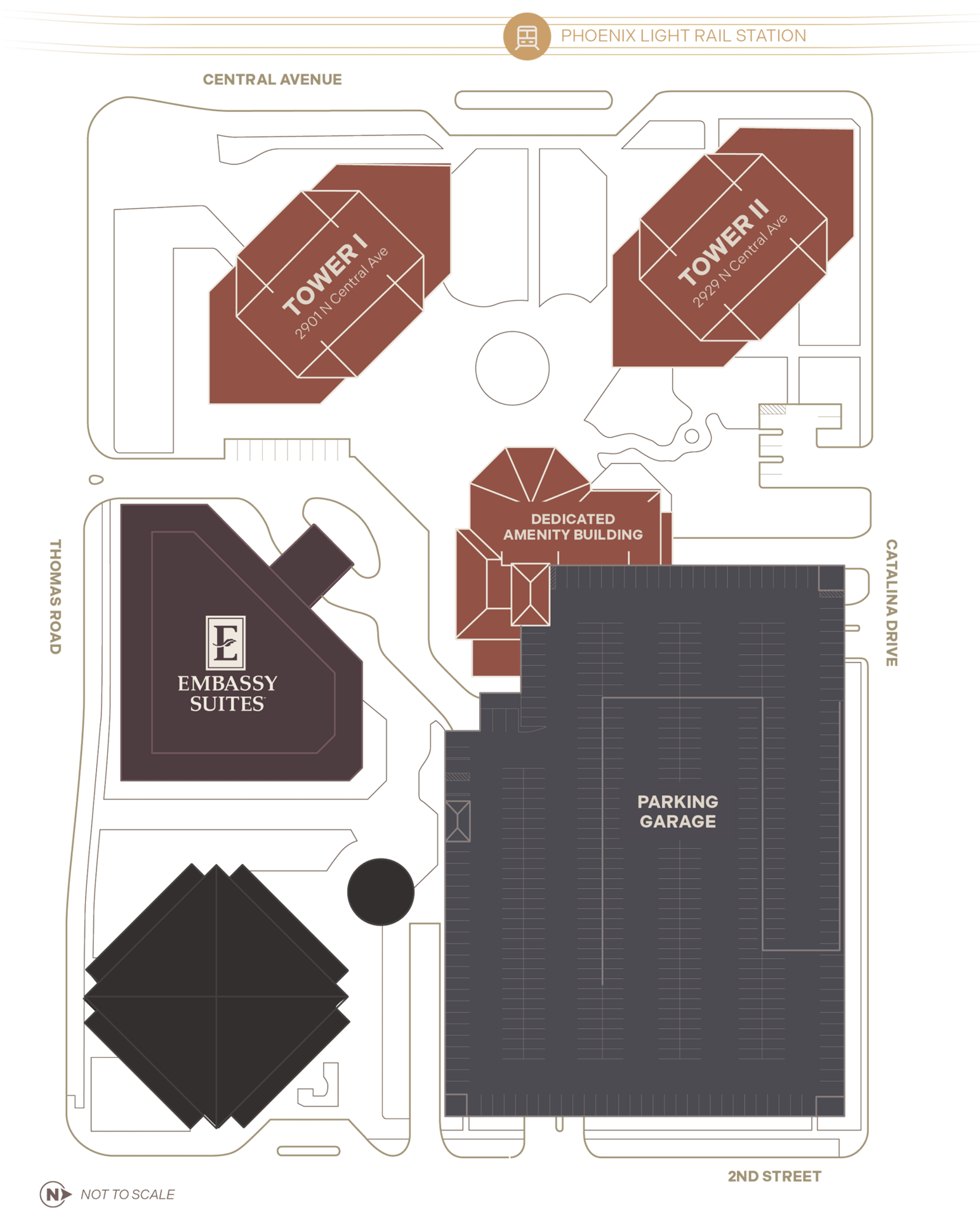 A top-down map of a multi-building complex including two towers, an Embassy Suites, an amenity building, and a parking garage.