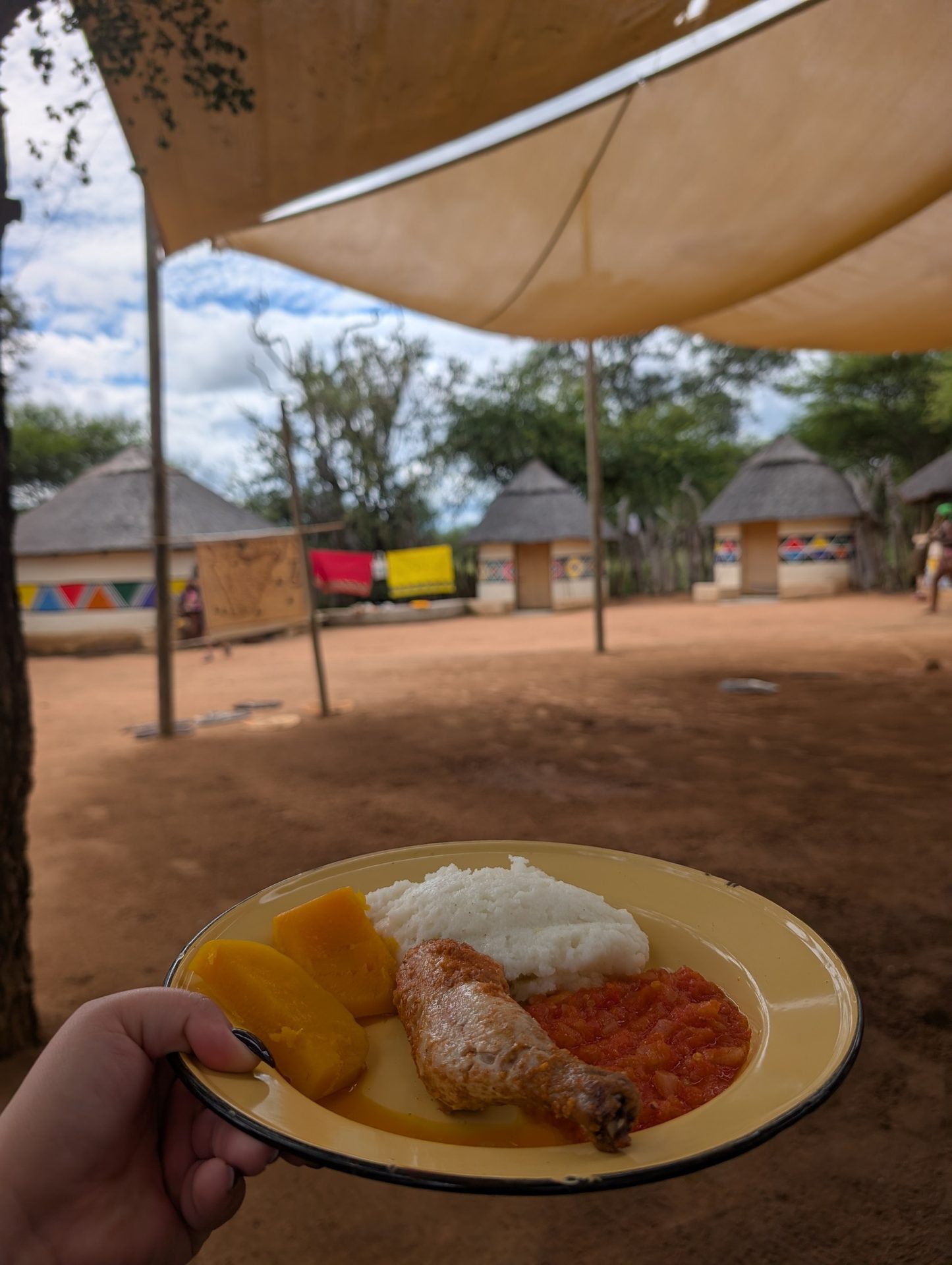 A hand holds a plate of chicken, pap, and vegetables with traditional huts in the background.
