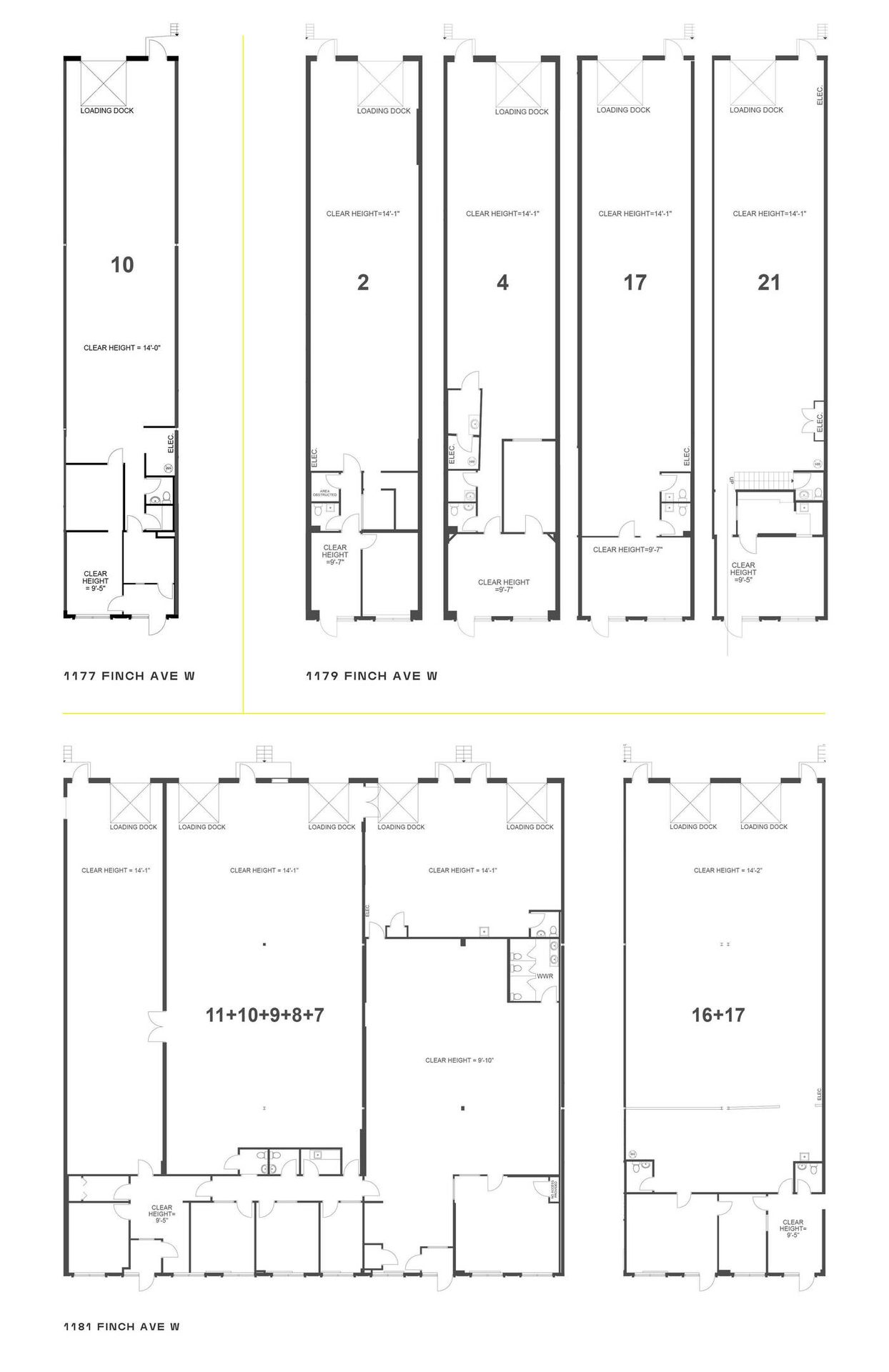 Floor plans for commercial units at 1177, 1179, and 1181 Finch Ave W, showing loading docks.