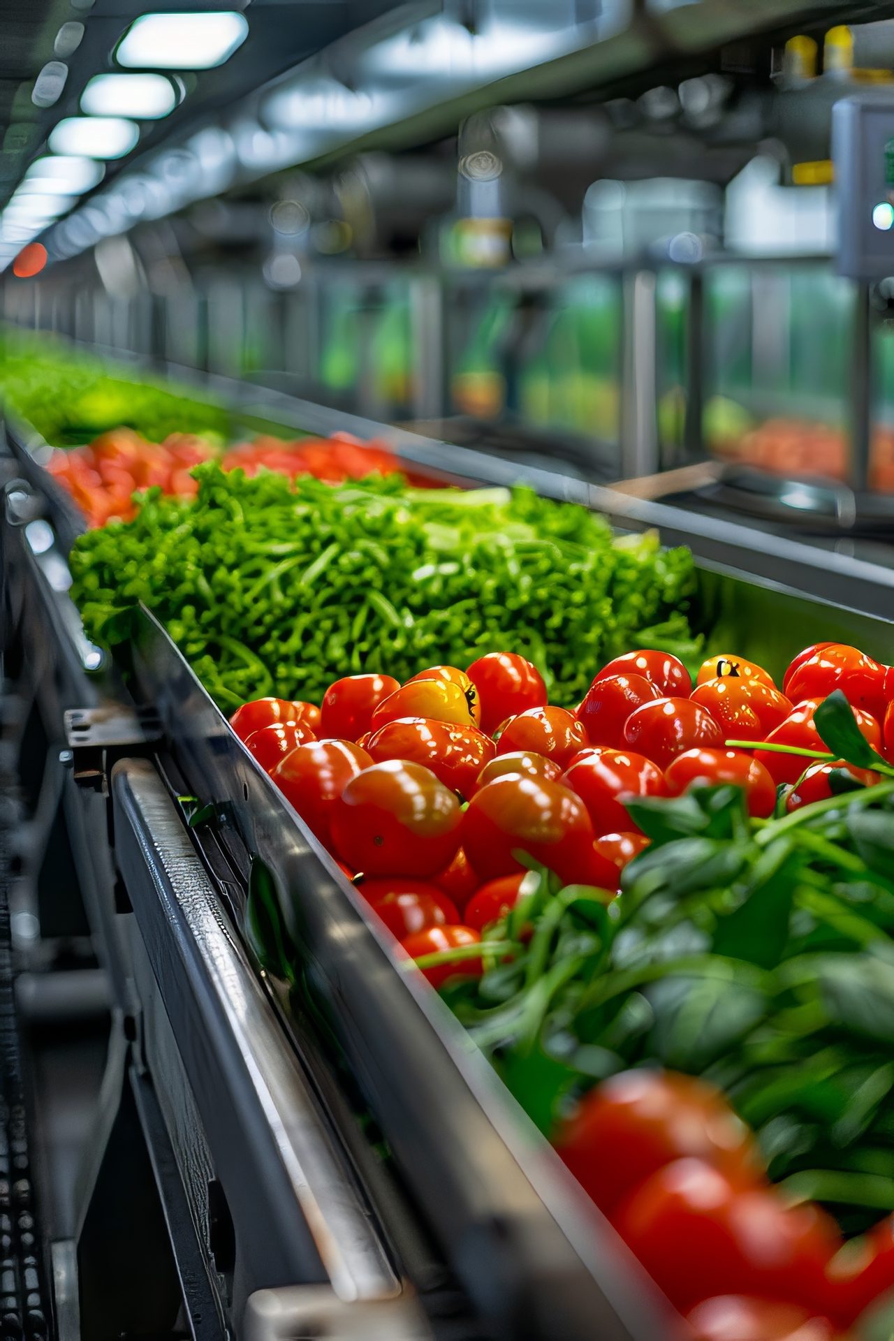 Tomatoes, lettuce, and other fresh produce moving along a conveyor belt in a processing facility.