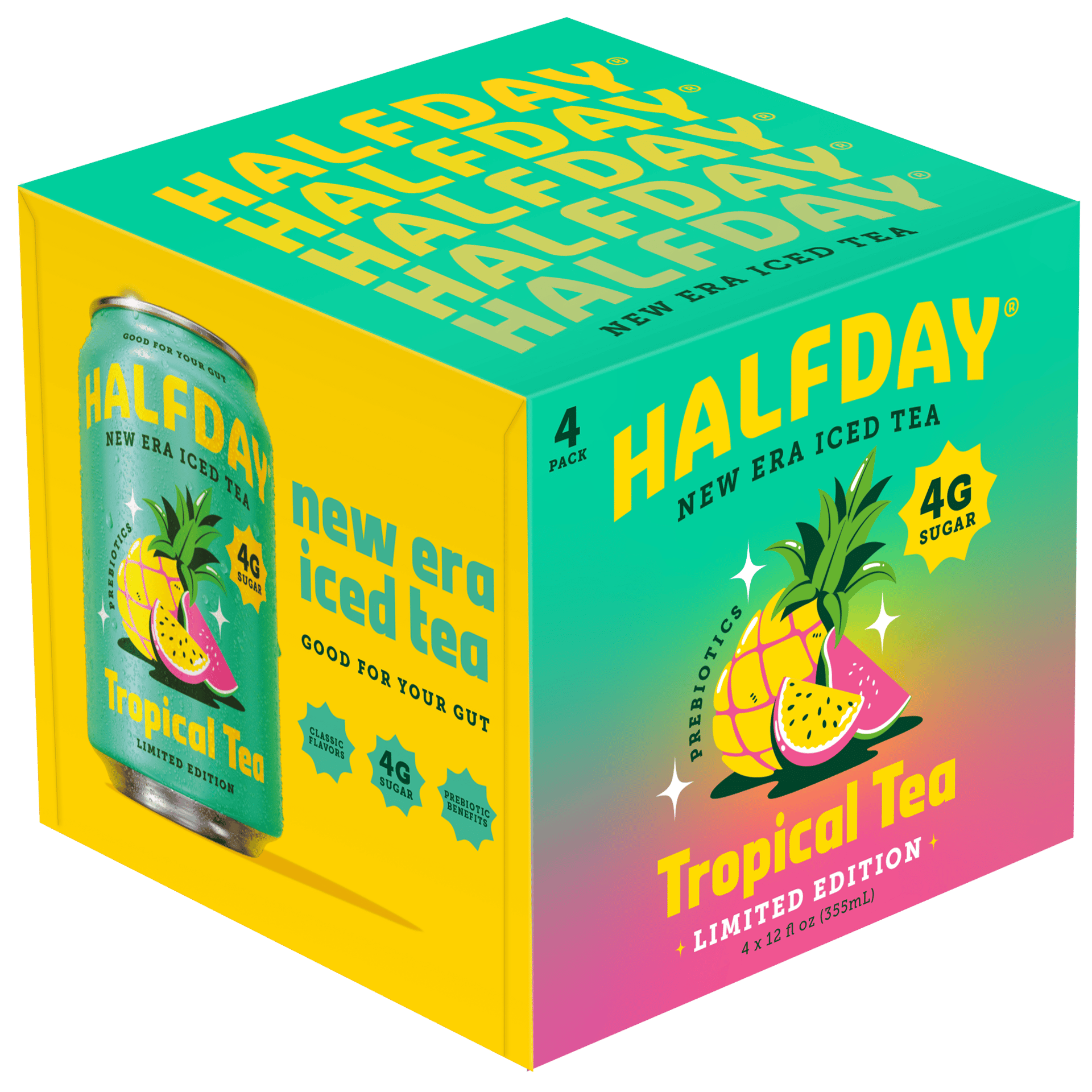 Halfday Tropical Tea 'New Era Iced Tea' 4-pack box and can, with prebiotics and 4g sugar.