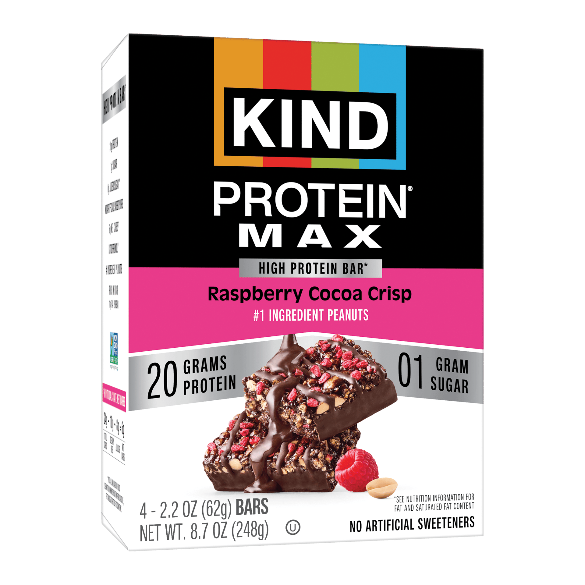 KIND Protein Max Raspberry Cocoa Crisp bars. 20g protein, 1g sugar. No artificial sweeteners.
