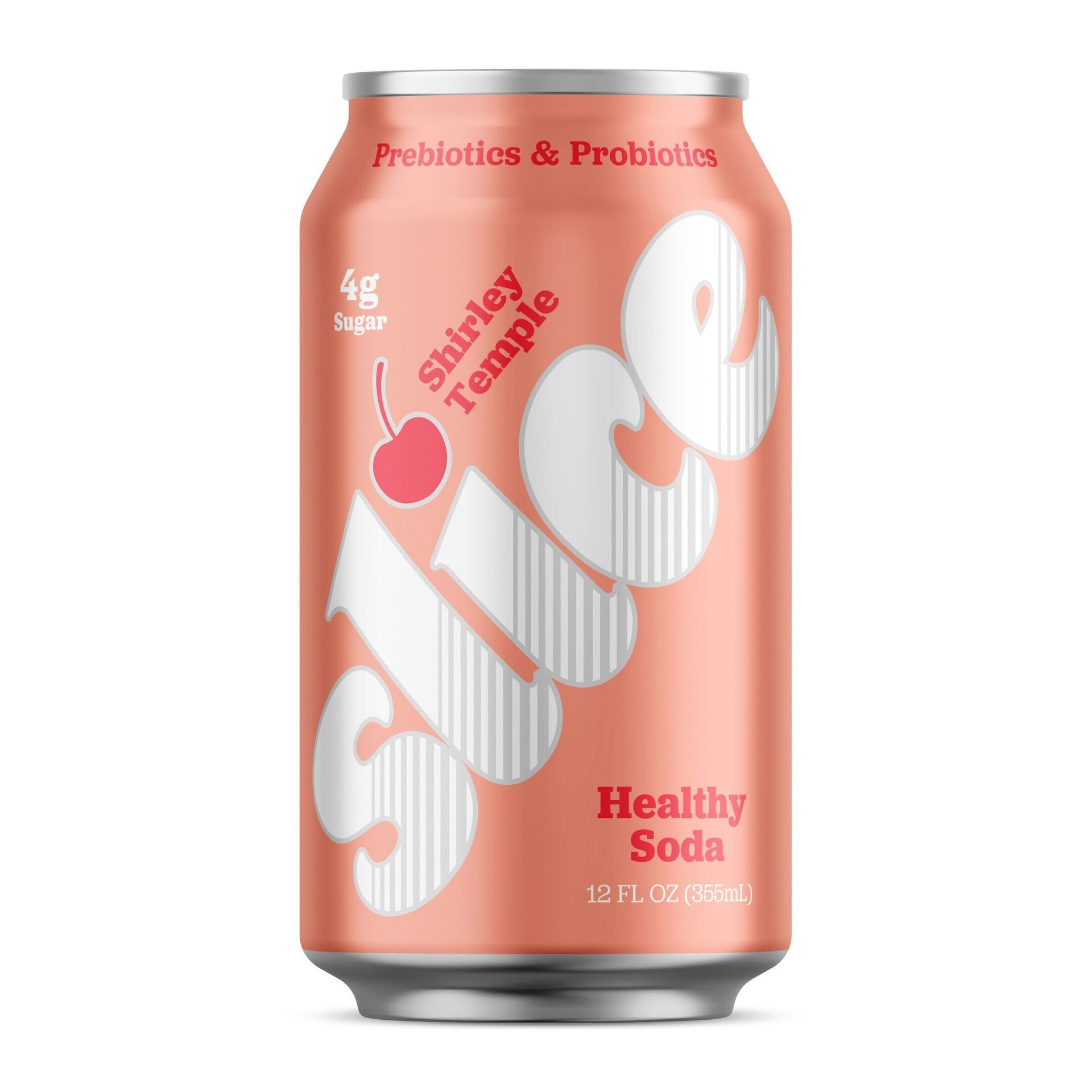 A peach-colored Slice Shirley Temple soda can, featuring "Prebiotics & Probiotics" and "4g Sugar".