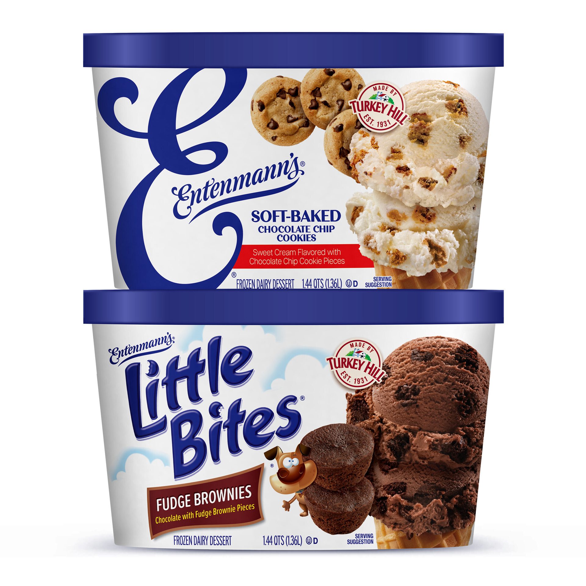 Two Entenmann's frozen desserts: Chocolate Chip Cookies and Fudge Brownies tubs.
