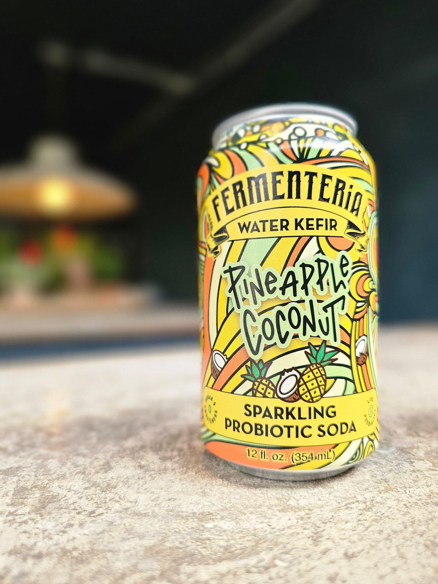 A can of Fermenteria Pineapple Coconut Water Kefir Sparkling Probiotic Soda.