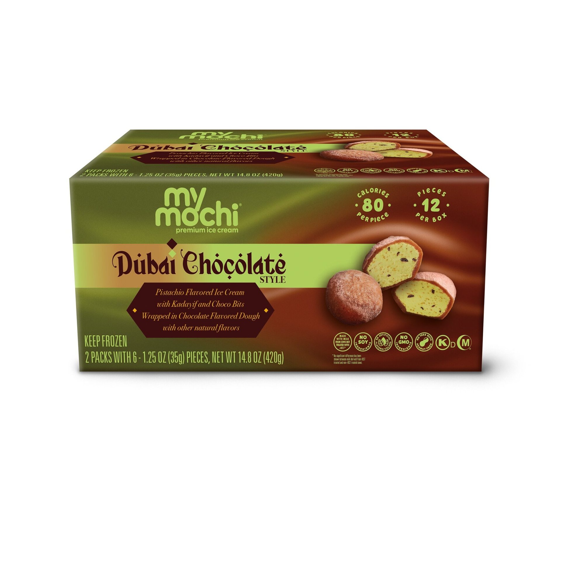 My/Mochi Dubai Chocolate Style ice cream box with pistachio flavored mochi.