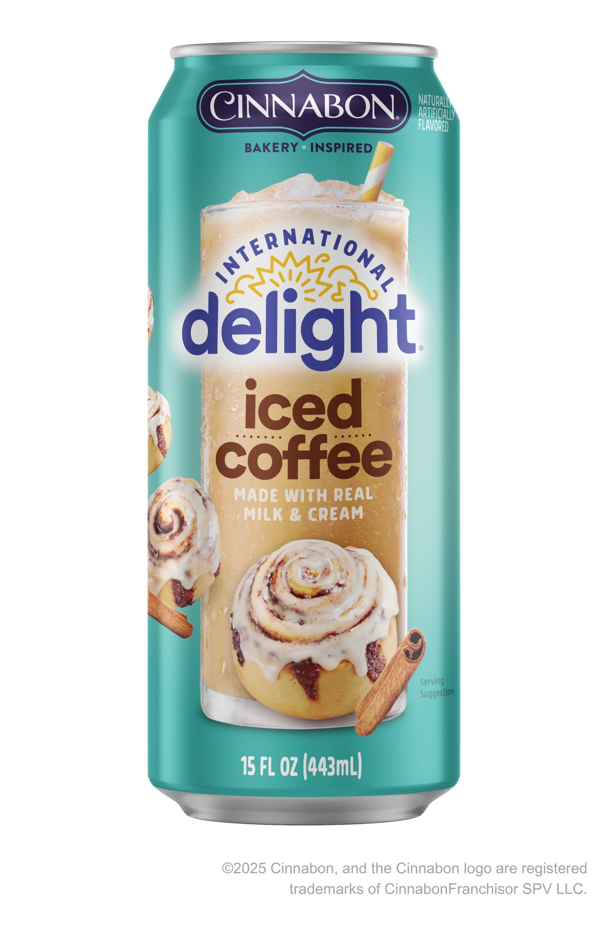 Teal Cinnabon International Delight Iced Coffee can featuring the drink, cinnamon rolls, and cinnamon sticks.