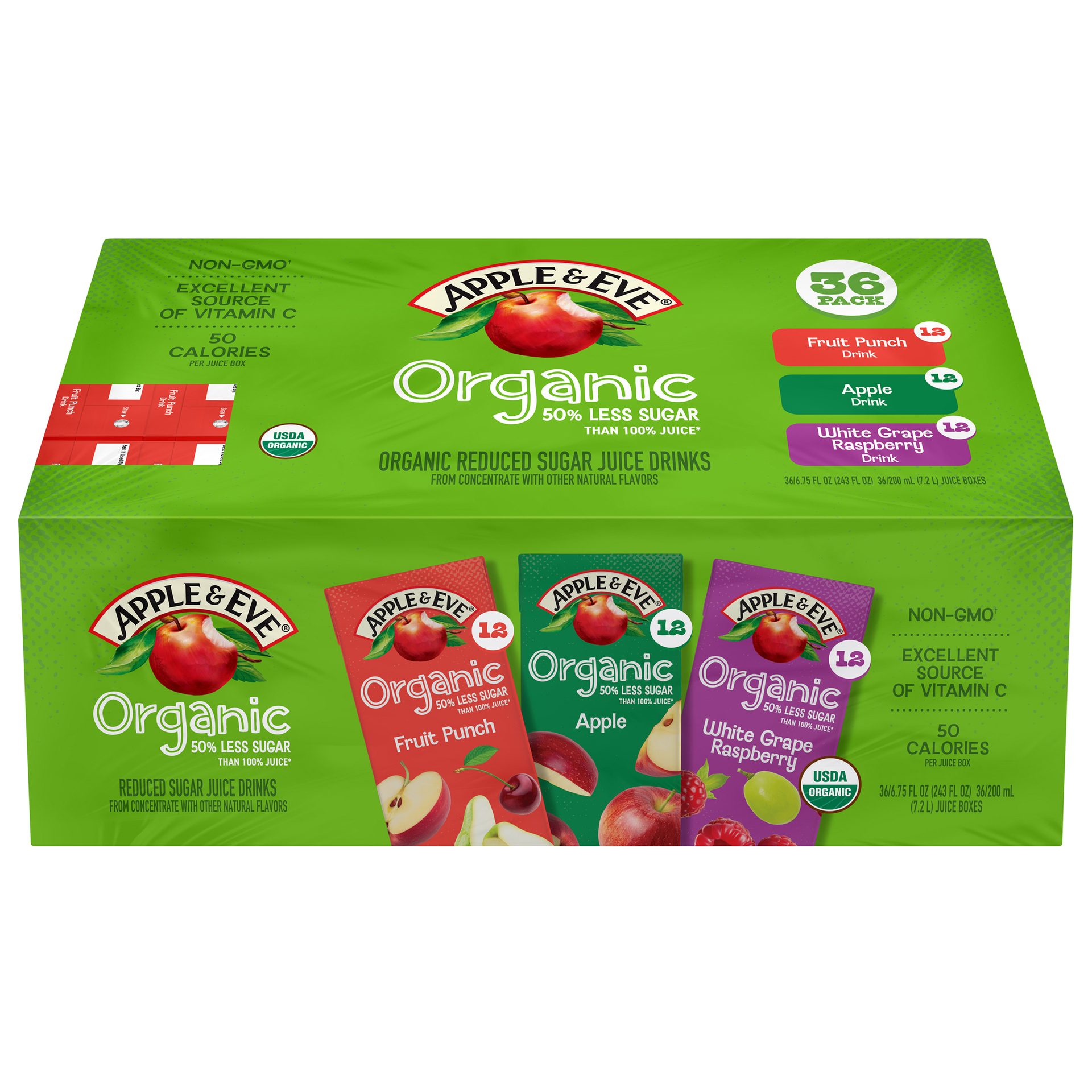 Apple & Eve Organic Reduced Sugar Juice Drinks 36-pack with Fruit Punch, Apple, White Grape Raspberry.